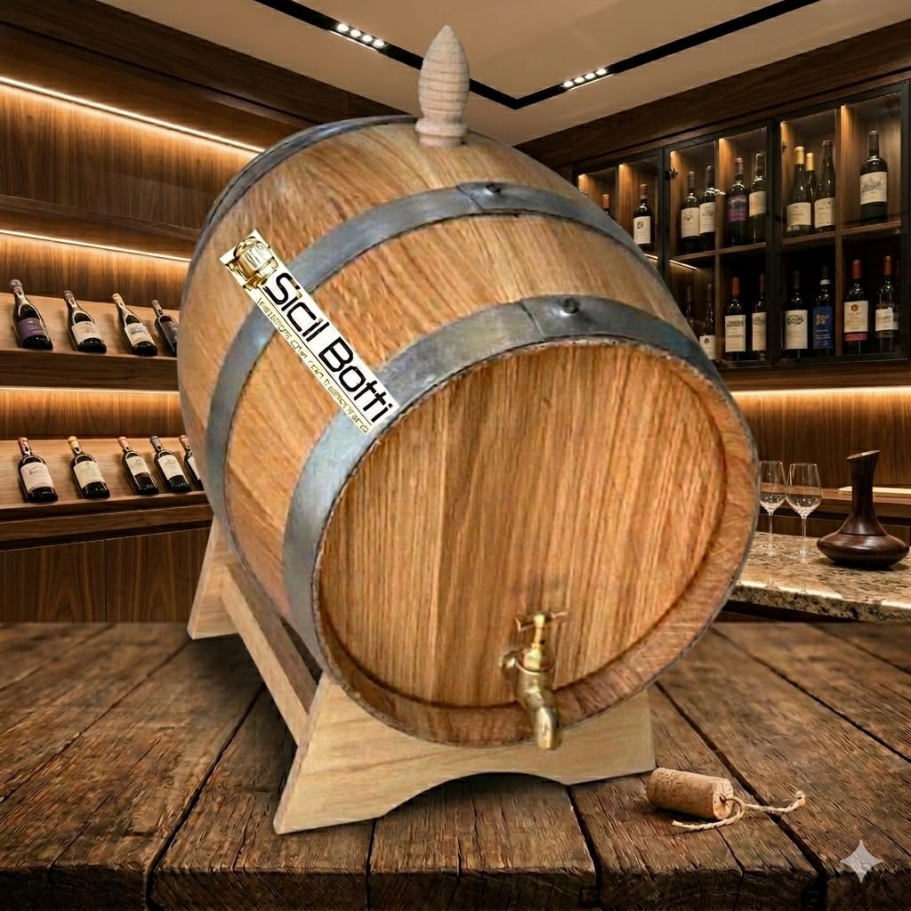 Generico SicilBotti Botte in Rovere da 20 Litri con Rubinetto in Ottone, Piedistallo in Legno, Barrique per Vino e Distillati