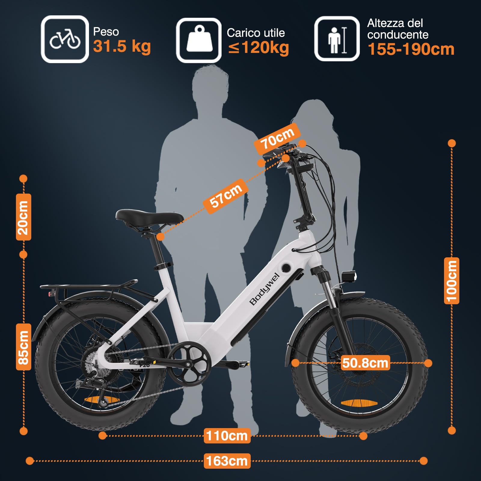 Bodywel F20 E-Bike Adulto 48V 15Ah Batteria 250W Motore 25 km/h, Bici Elettrica Fatbike 20 Pollici per Uomo e Donna, 7 Velocità, Display Smart APP, Freni a Disco 180mm, Portapacchi