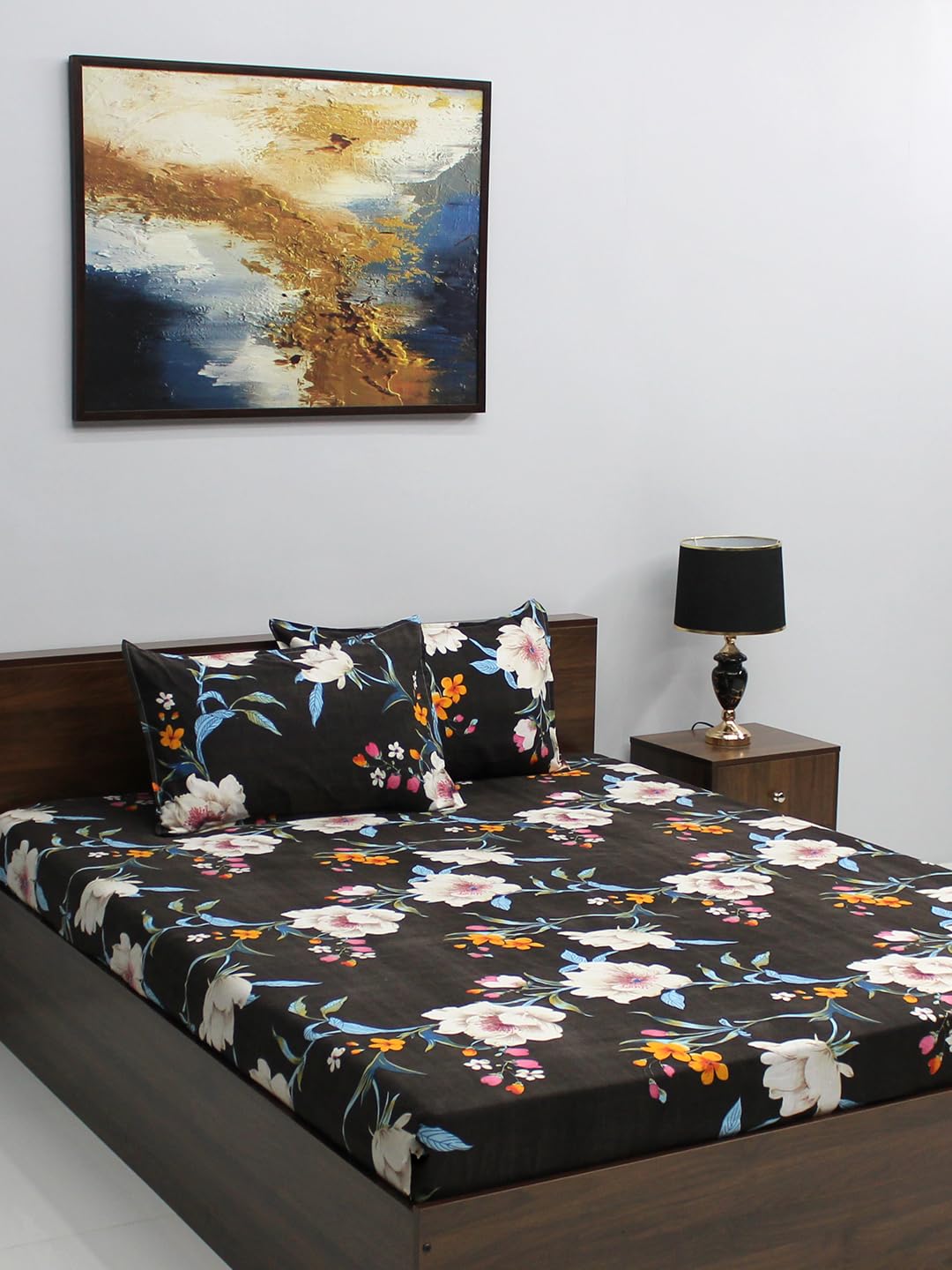 Bombay Dyeing 110 GSM Microfiber Black Vista Double Bedsheet with 2