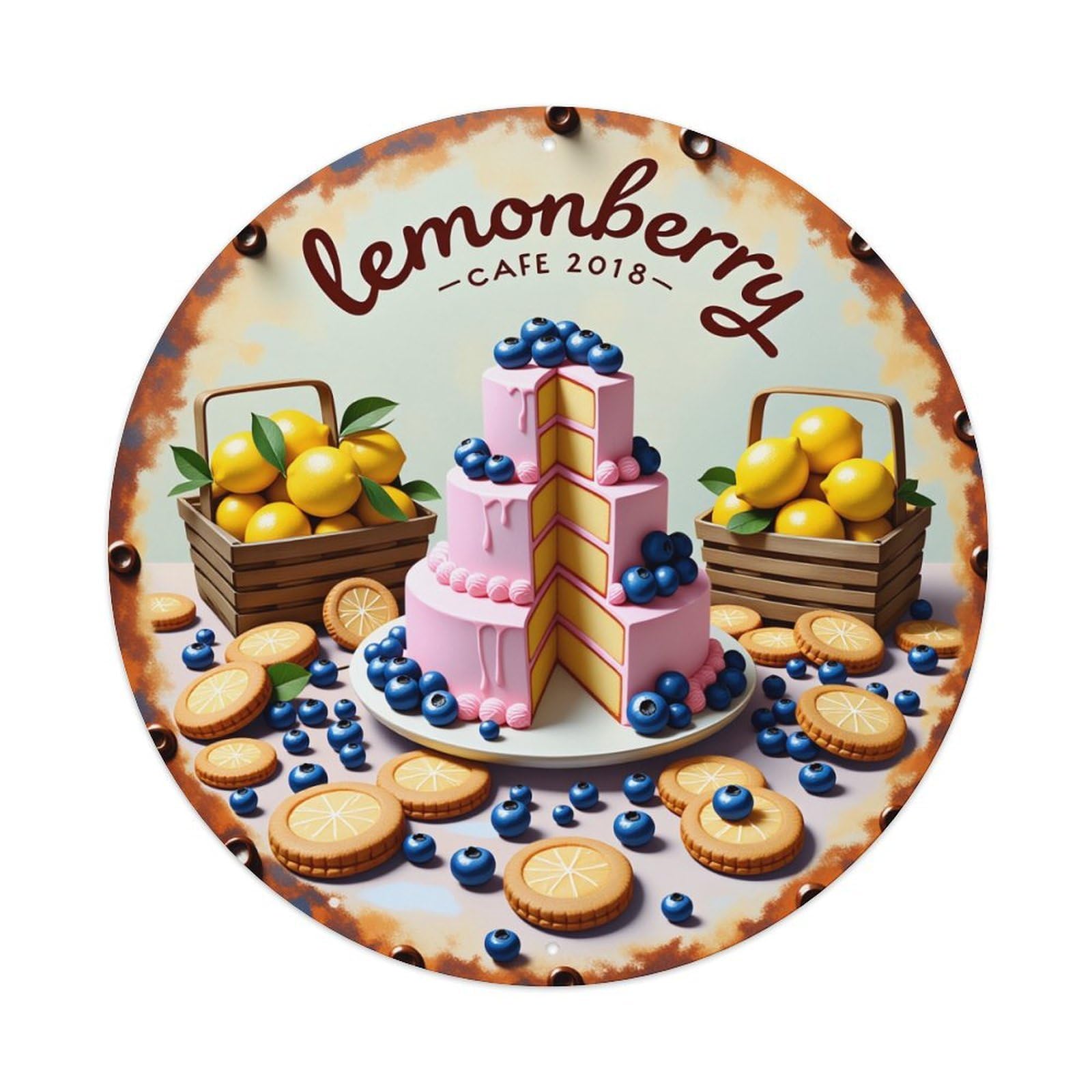 Lemon Berry Cake With Blueberries And Lemon Slices Round Vintage Tin Sign,Retro Wall Art,Metal Poster for Home, Bar, Garage, Cafe, Rustic Indoor & Outdoor Decor, 8x8 Inches