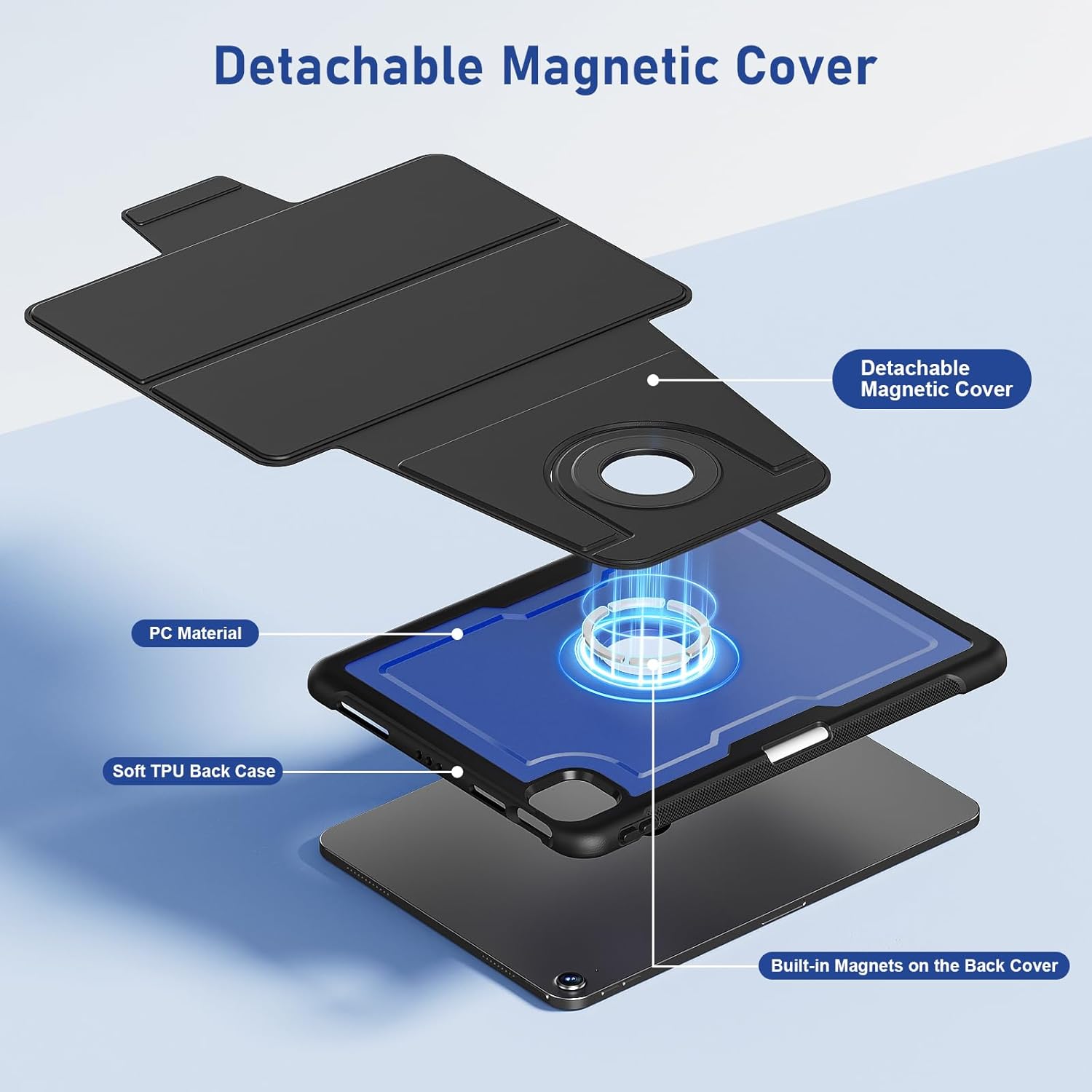 DJ&RPPQ Case for iPad Air 11 Inch M3/M2 (2025/2024), iPad Air 5th/4th Gen (2022/2020),360 Rotating Magnetic Detachable Back case, with Auto Wake/Sleep & Pencil Holder Blue