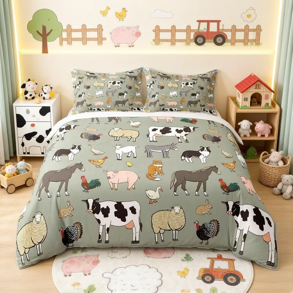 Housse de couette motif chat chien cheval pour une chambre d'enfant style ferme rustique