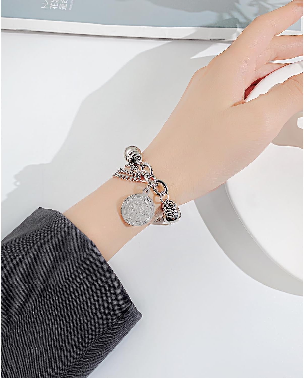 Stainless Steel Cross Saint Benedict Coin Charm Bracelet for Women Catholic Exorcism Protection Jewelry - Image 7