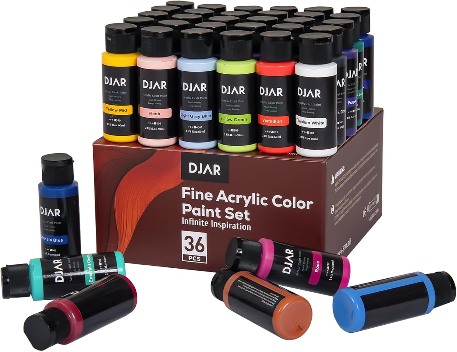 DJAR Acrylic Paint, 18 Colors Acrylic Paint Set, 2 fl oz/250ml Bottles, Waterproof, Rich Pigments Colors Painting Supplies for Artists, Beginners on Canvas Rocks Wood Ceramic Fabric