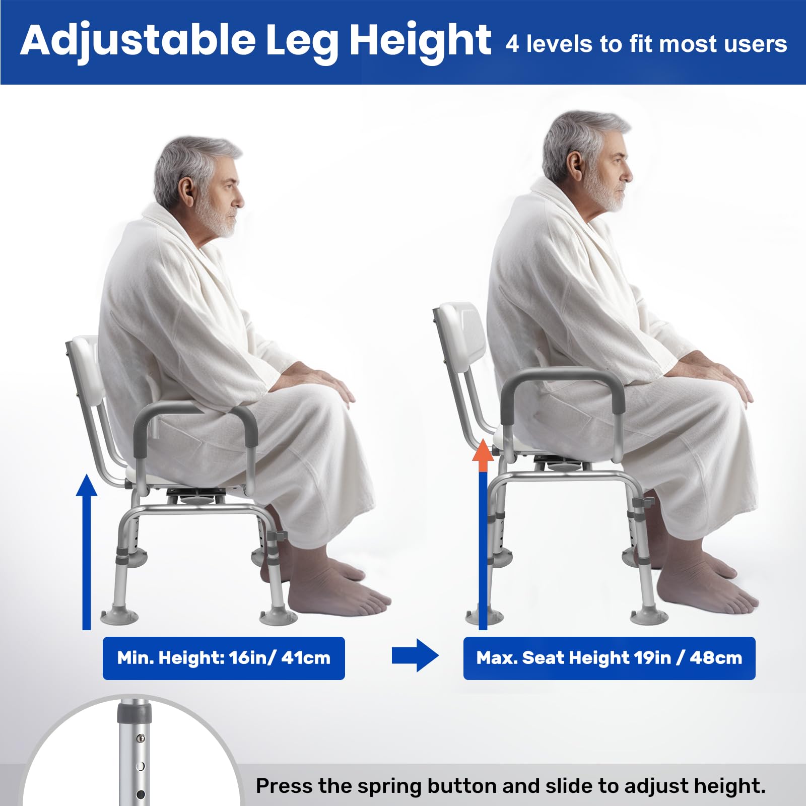 Silla de ducha giratoria con respaldo y brazos, silla de baño giratoria para discapacitados con almohadillas a prueba de frío, soporta 180 kg, montaje sin herramientas, silla de ducha giratoria para