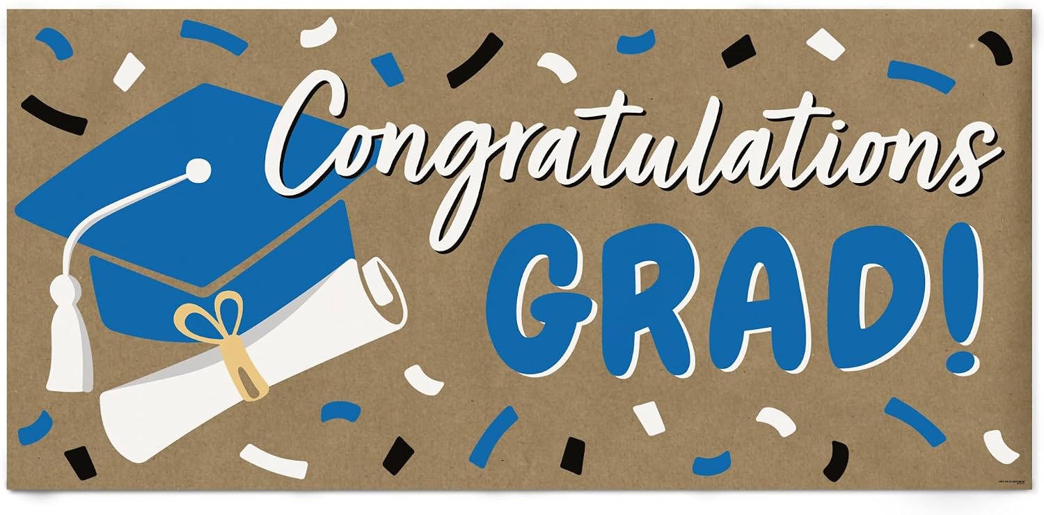 Big Dot of Happiness Blue Graduation Kraft Paper Banner, Congratulations Grad Printed Brown Paper Party Sign Decoration – 1 Count