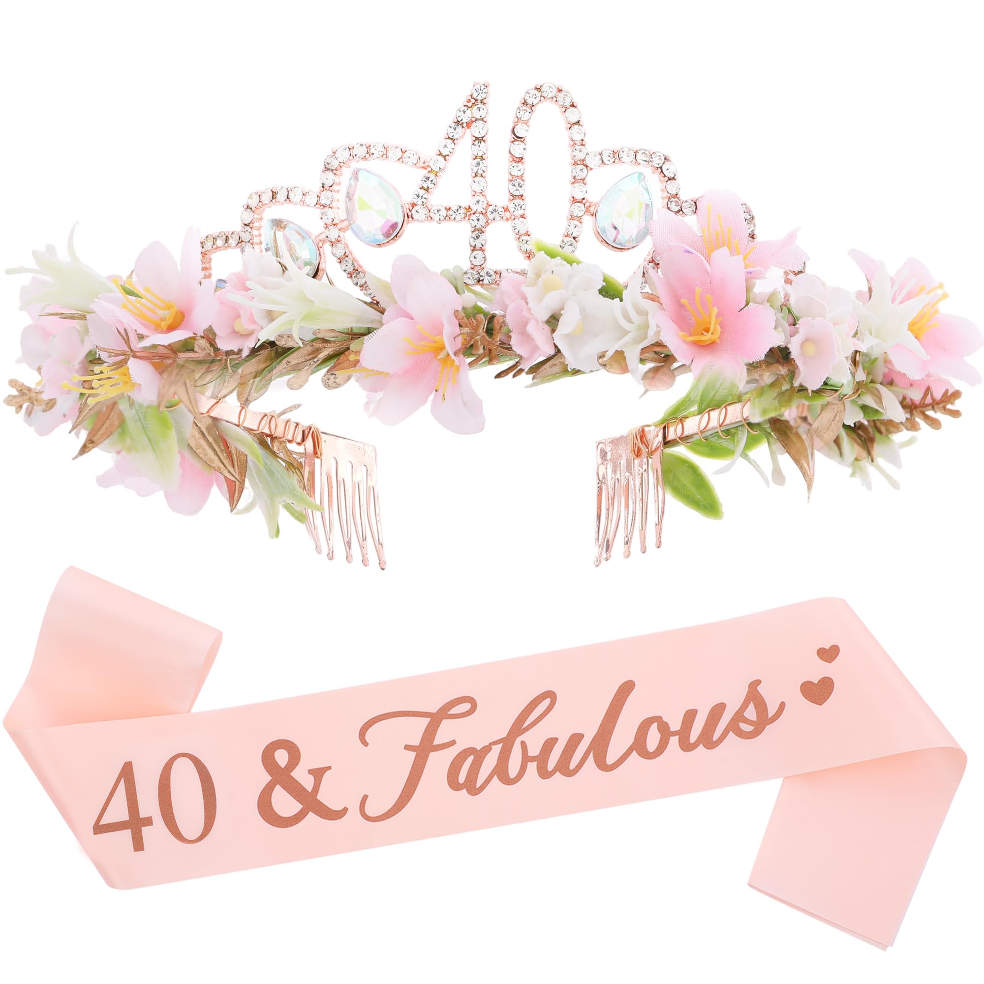 PartyforU 40th Birthday Flower Crown and Sash Set - Pink Flowers With Rhinestone Crystal Tiara Gold Headdress for 40 Year Old Women, Suitable for 40th Female Sister Birthday Party Accessories Gift