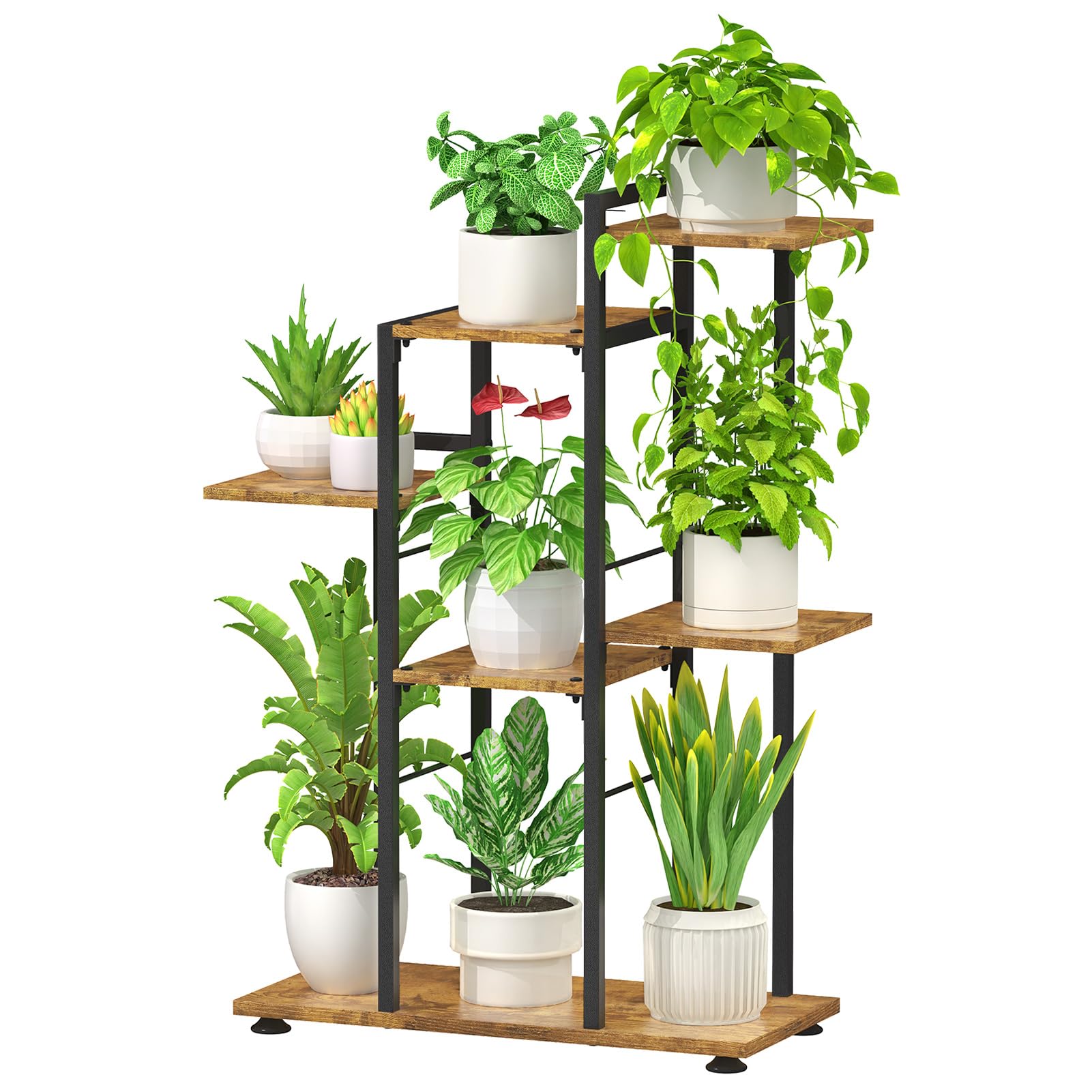 LASZOLA 6 Tier 8 Potted Plant Stand Indoor Outdoor, Metal Tall Plant Shelves Holder Rack for Multiple Plants, Wooden Tiered Corner Flower Shelf Display for Patio Garden Balcony Living Room, Black