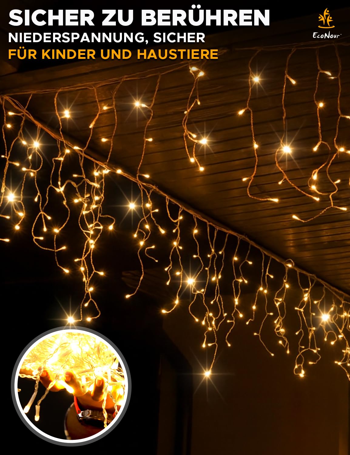 EcoNour Eiszapfen-Lichterkette für den Außenbereich, 2000 LEDs, 60 m, warmweiß, mit Timer für Weihnachten, Garten & Party | Netzbetriebenes, transparentes Kabel