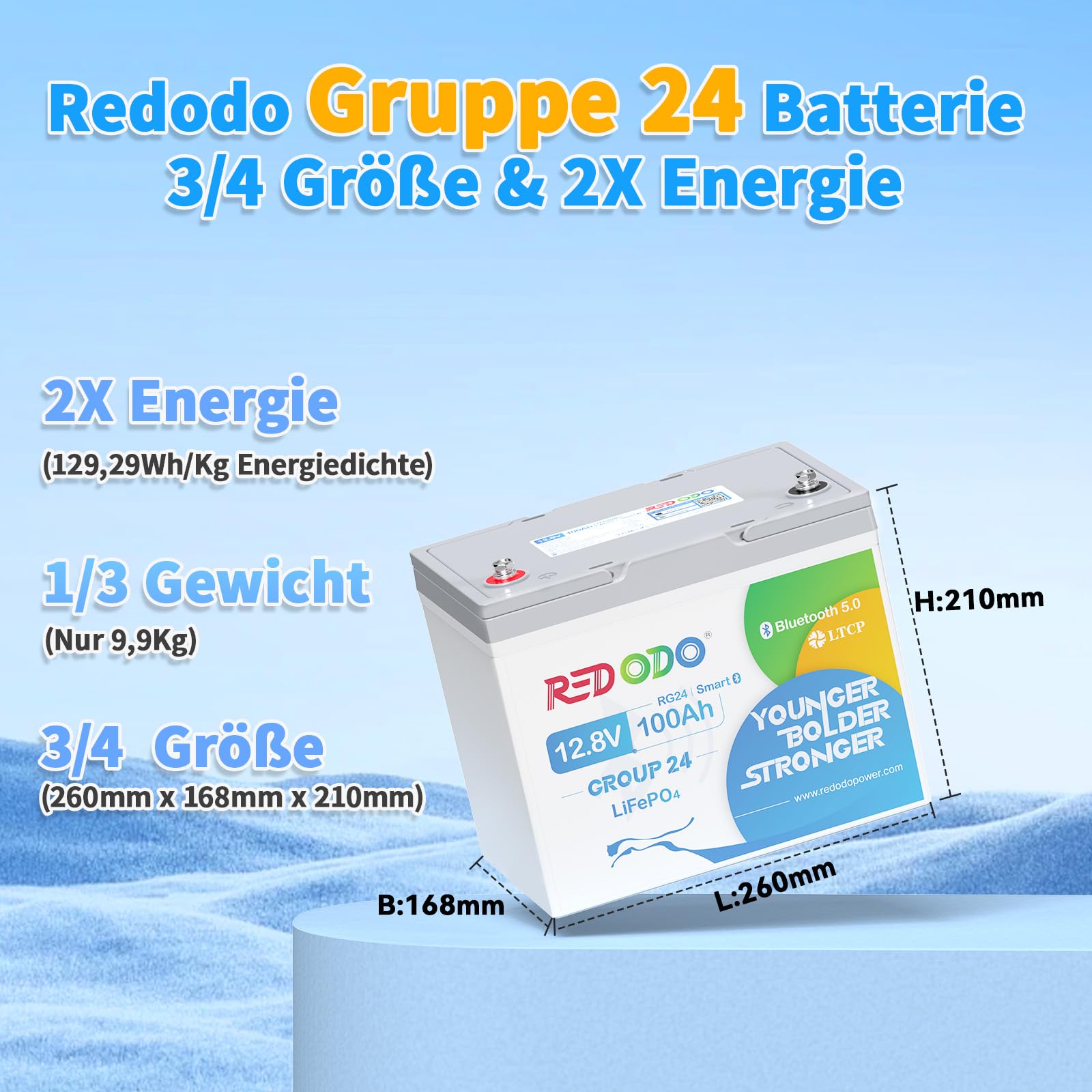 Redodo 12,8V 100Ah Bluetooth LiFePO4 Mini Gruppe 24 Lithiumbatterie, verbessertes 100A BMS Low-Temp-Abschaltschutz, LiFePO4-Akku in Kleiner Größe für Wohnmobile, Van, Trailer, Solaranlage