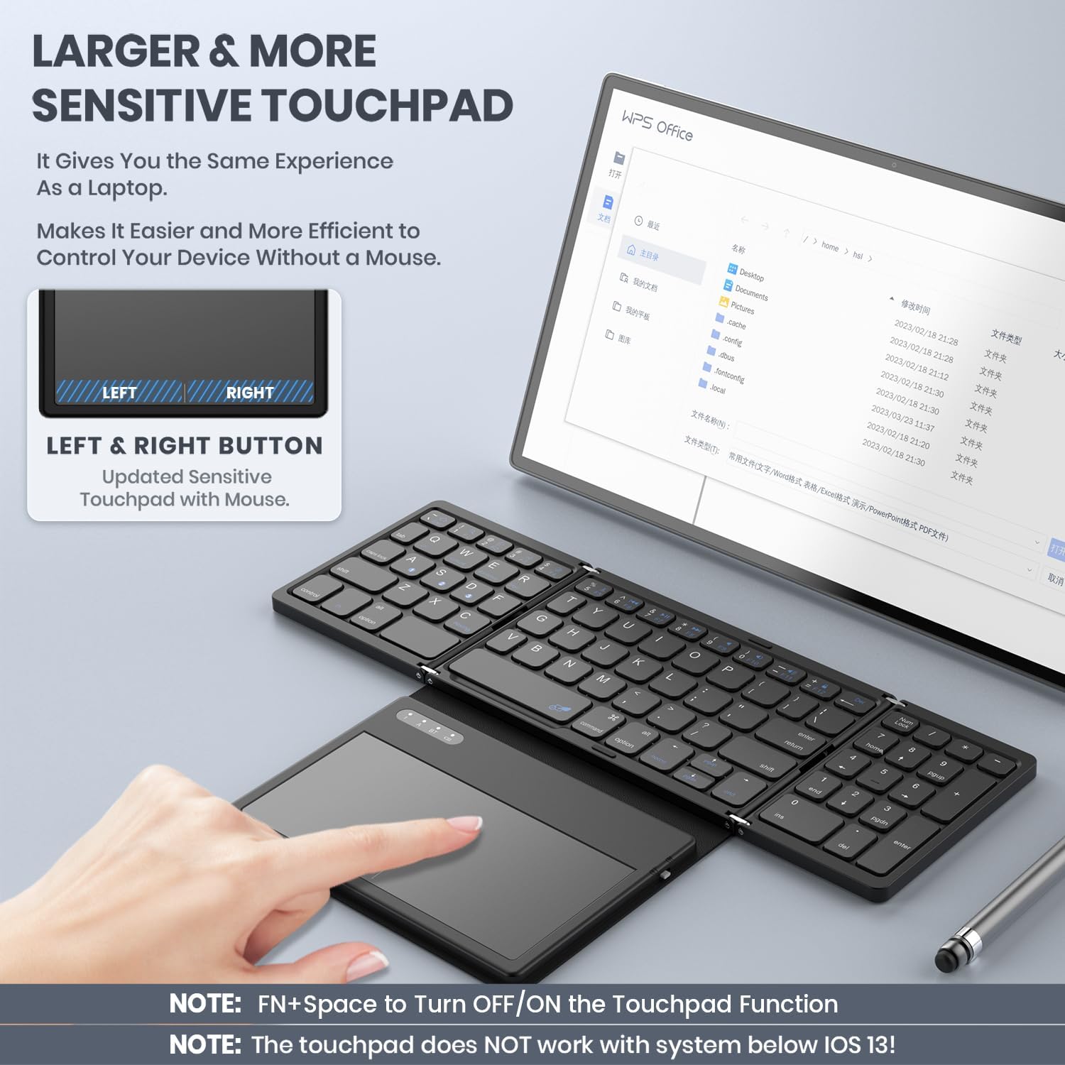 Foldable Bluetooth Keyboard, Portable Full Size Folding Keyboard with Large Touchpad, Numeric Keypad, PU Leather, Wireless TravelKeyboard for Windows Android Mac(Sync up to 3 Devices) - Image 2
