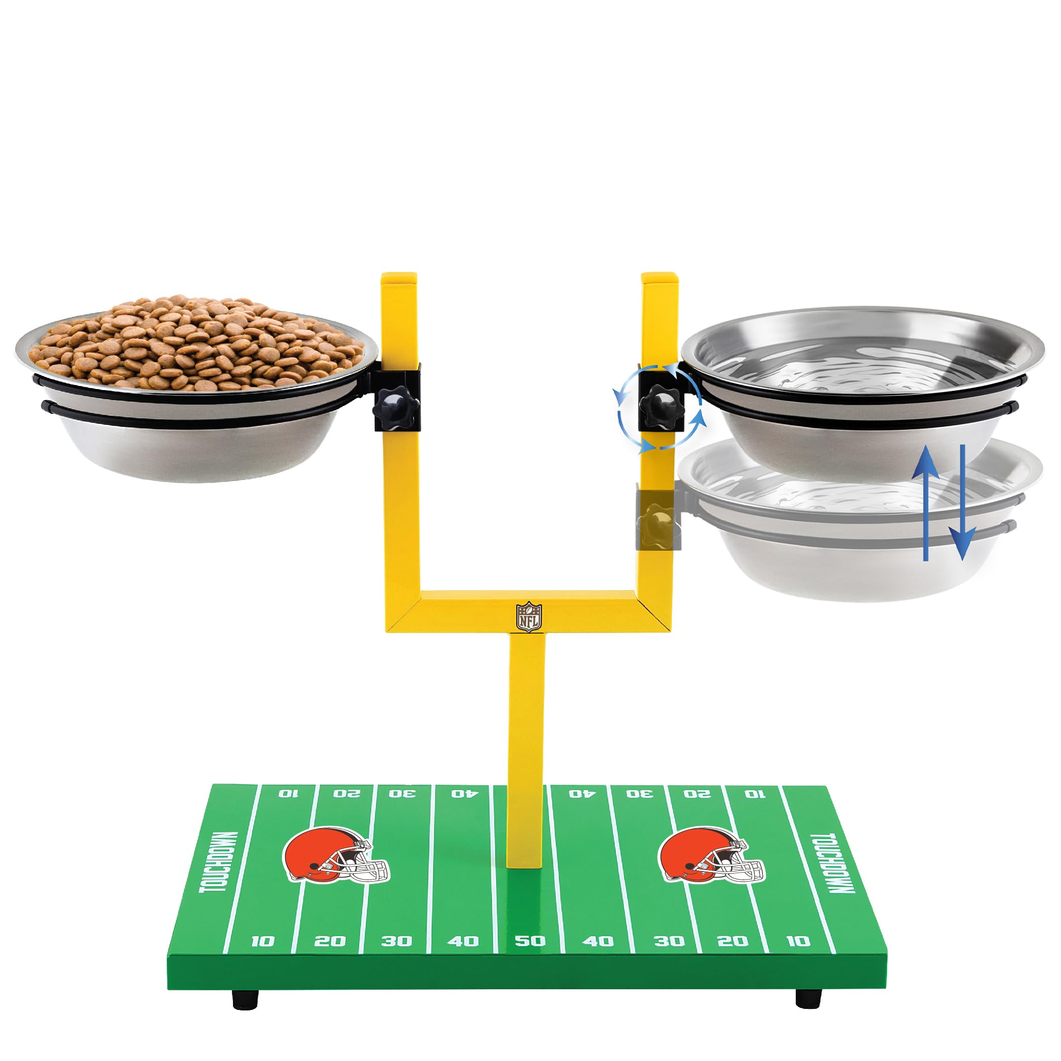 NFL Cleveland Browns Goalpost Football Field Dog Feeder – Adjustable Elevated Dog Bowls with Stand, 2 Stainless Steel Bowls, Non-Slip Rubber Feet, Raised Pet Feeder for Large & Small Dogs, Cats.