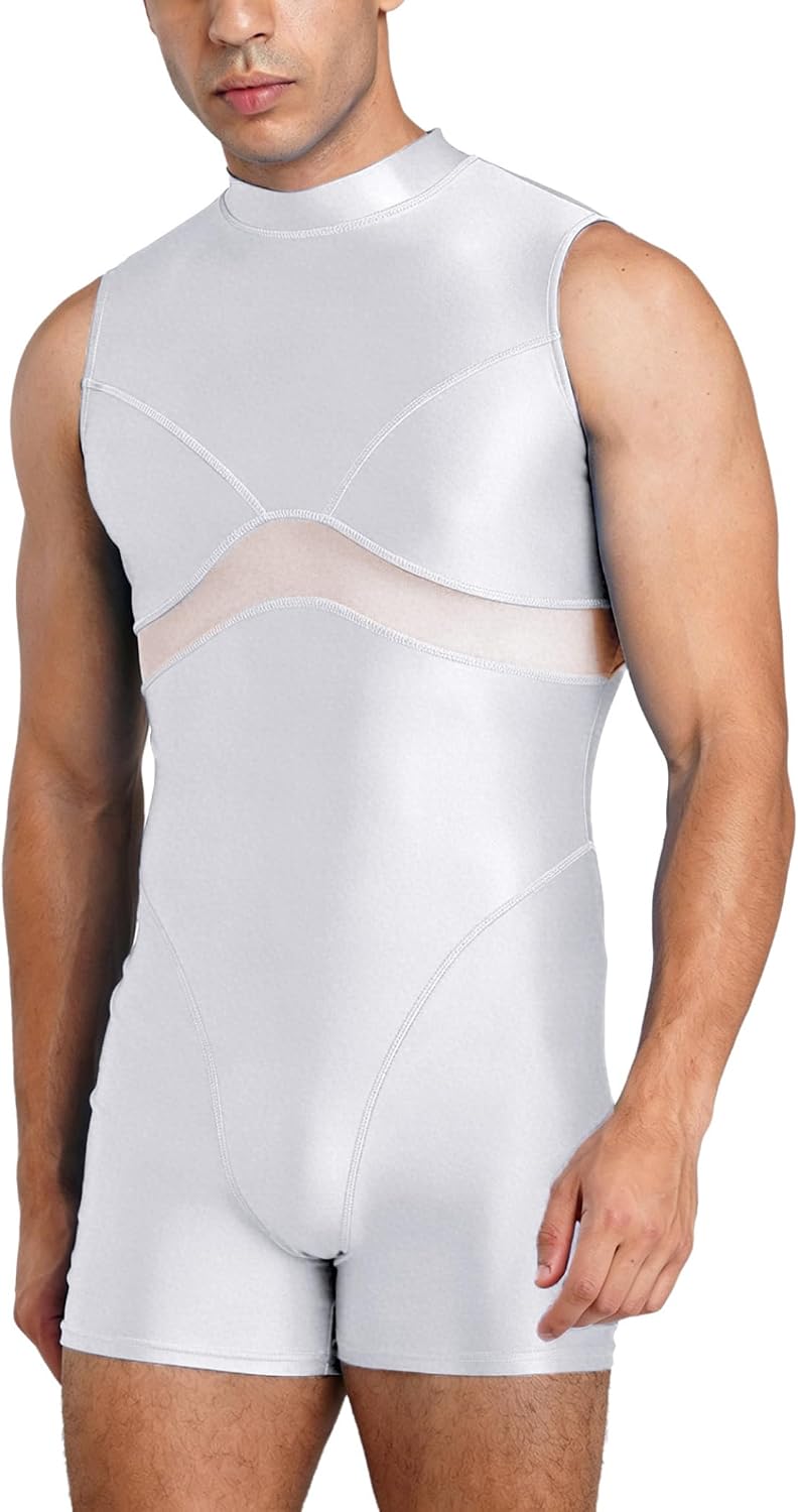 Men Athletic Swimsuit Glossy Rash Guard Dancewear | Full Body Diving Suits,Mock Neck,Modest Bathing Suit,Rash Guard Wetsuit,Slim Fitted Bodycon Silhouette,Turtleneck