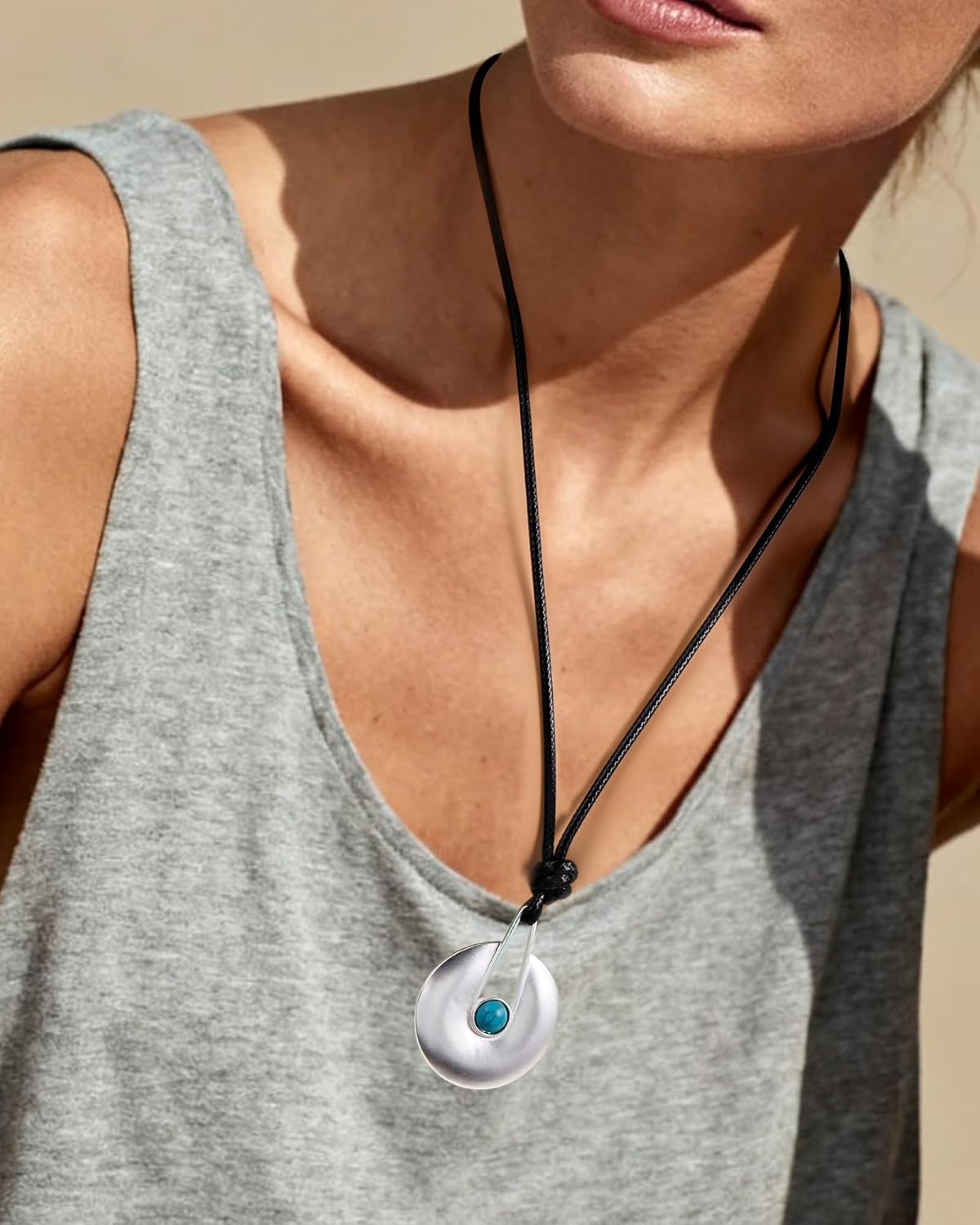 Boho Long Necklace for Women-Turquoise Large Disc Leather Pendant Necklace,Western Vintage Sweater Silver Jewelry Gift - Image 4