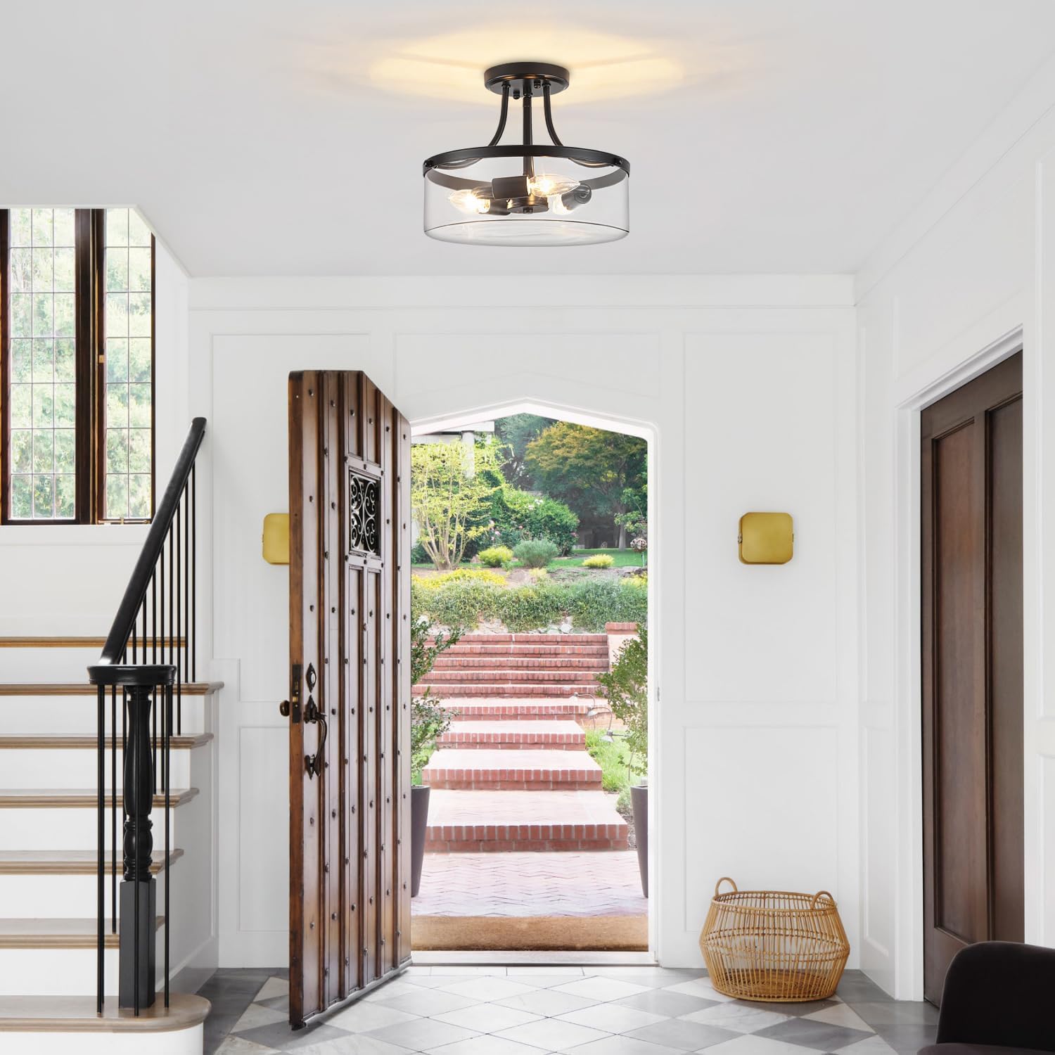 11.81" Black Semi Flush Mount Ceiling Light Modern Glass Light Fixture Industrial Hallway Lights 3-Light Close to Ceiling Light Fixtures for Entryway Bedroom Kitchen Dining Room Laundry Room Lighting