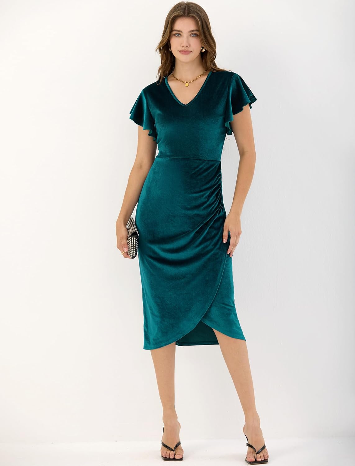 ZAFUL Velvet Dress for Women Wedding Guest Dress Ruffle Sleeve Ruched Bodycon Cocktail Party Dresses - Image 3