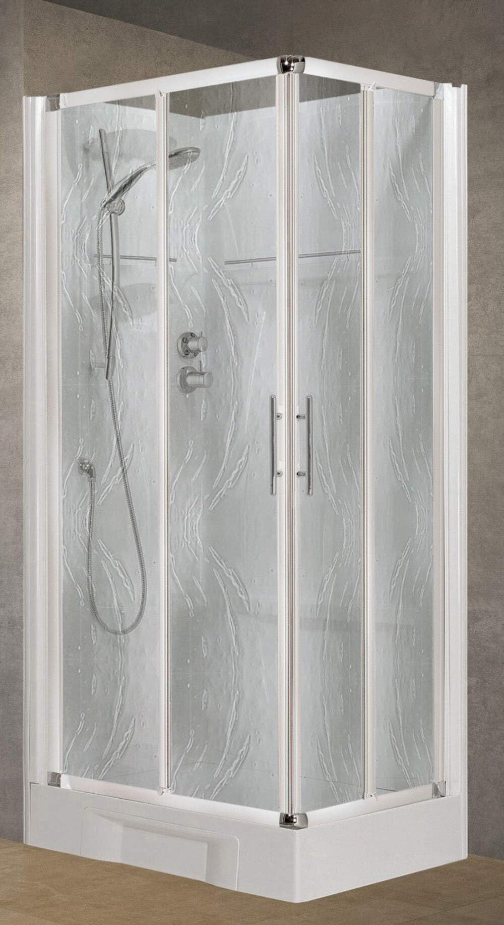 Novellini New Holiday A90 Standard 90 x 90 cm Cabina de ducha multifunción apertura 2 puertas correderas 2 fijas ángulo izquierdo derecho mezclador mecánico cristal Aqua perfil blanco estantes altura
