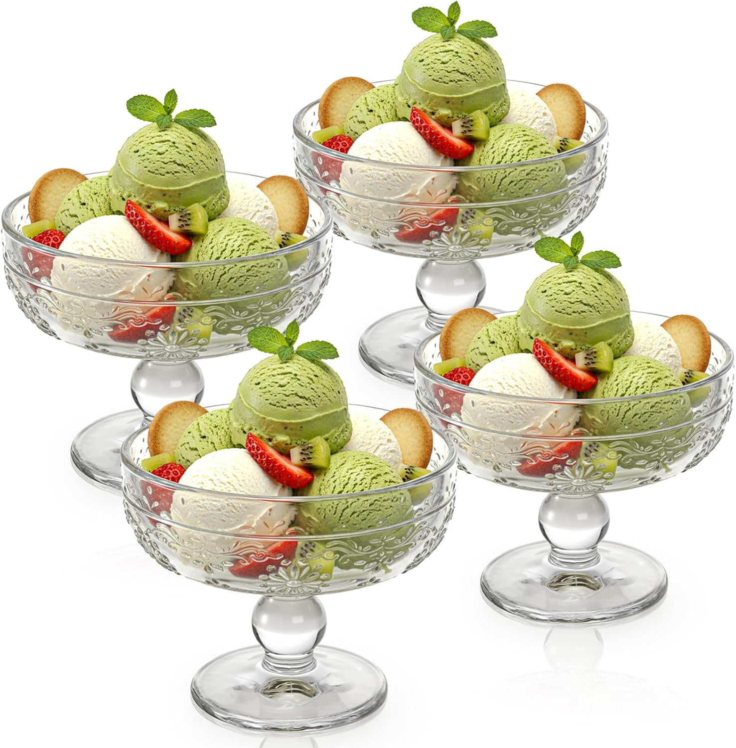 4 Pack Glass Ice Cream Bowls, 12 Oz Vintage Dessert Cups, Footed Large Sundae Dish Parfait Serving Dinnerware for Pudding, Fruit Salad, Cocktail, Yogurt