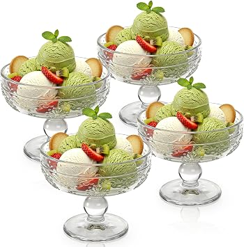 Glass Ice Cream Bowls, 12 Oz, Dishwasher-safe, 4 Pack | Vintage Dessert Cups, Footed Large Sundae Dish Parfait Serving Dinnerware for Pudding, Fruit Salad, Cocktail, Yogurt