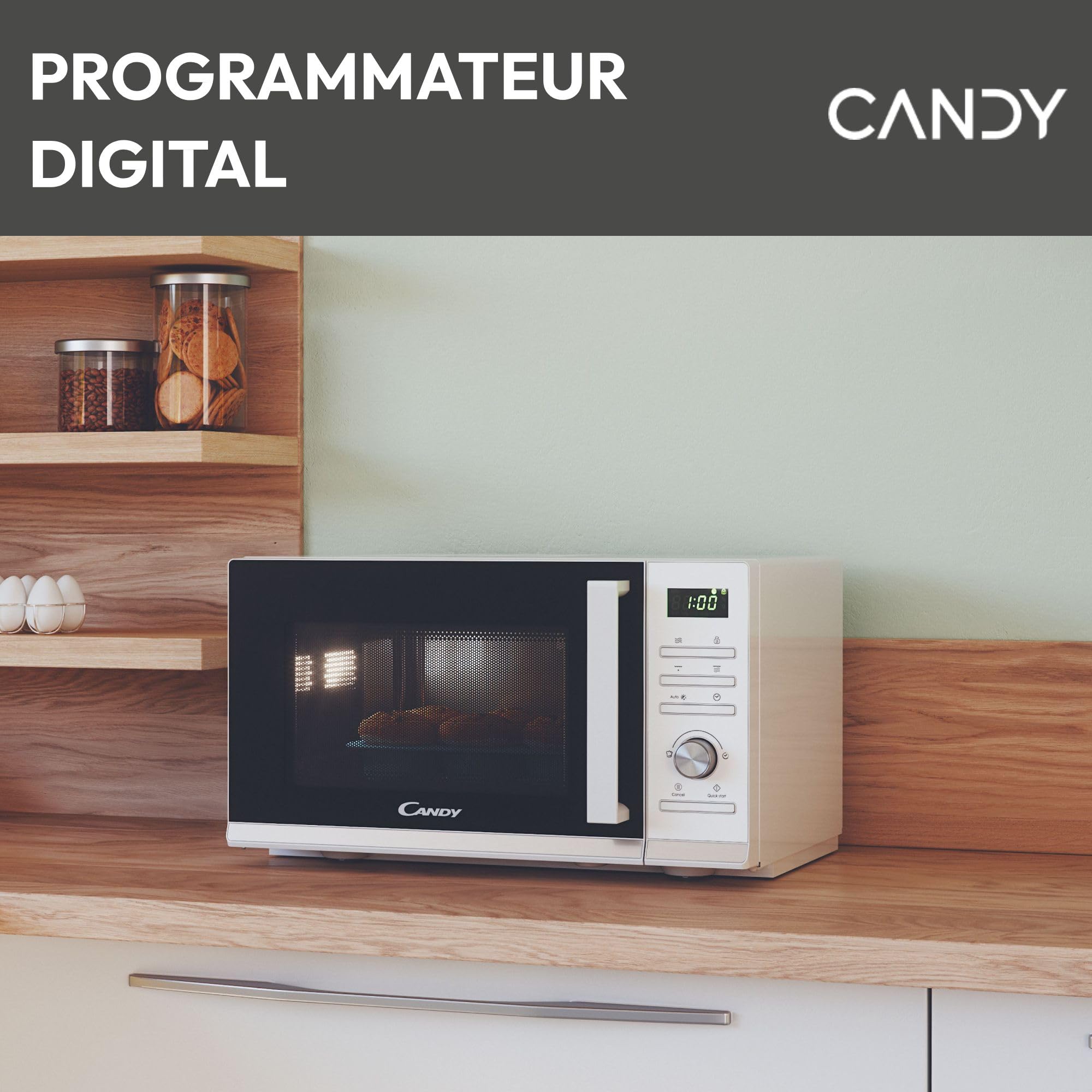 Candy Moderna CMGA23TNDW Four Micro-ondes Gril 900W 23L Digital, Fonction Décongélation, Plateau Tournant, 11 Niveaux de Puissance,19 Menus Auto, Grille Métal, Cuisson Express, Sécurité Enfant,Blanc