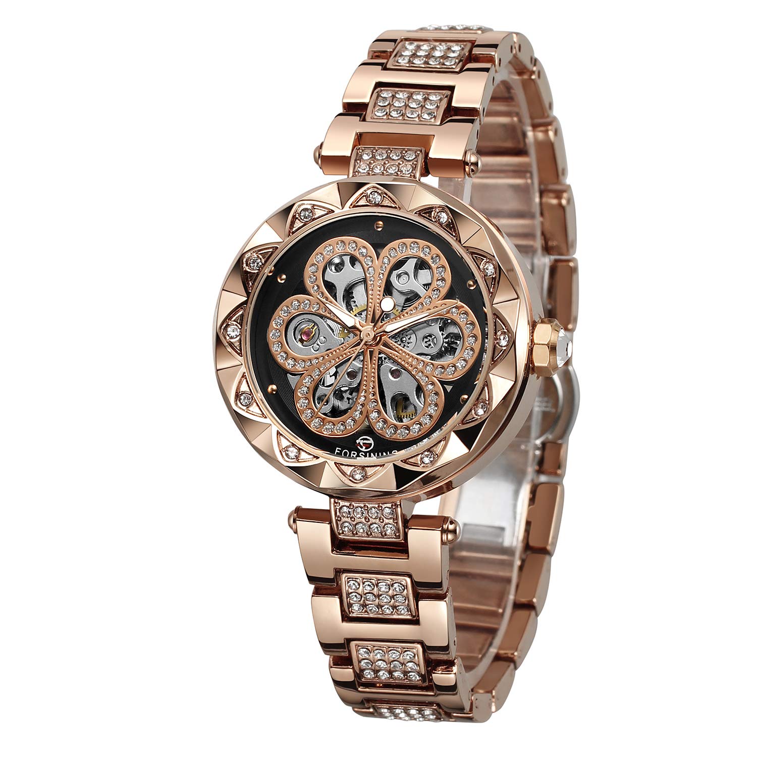 FORSINING Damen Stilvolle Analog Zifferblatt Automatische Skelett Uhr mit Edelstahl Armband