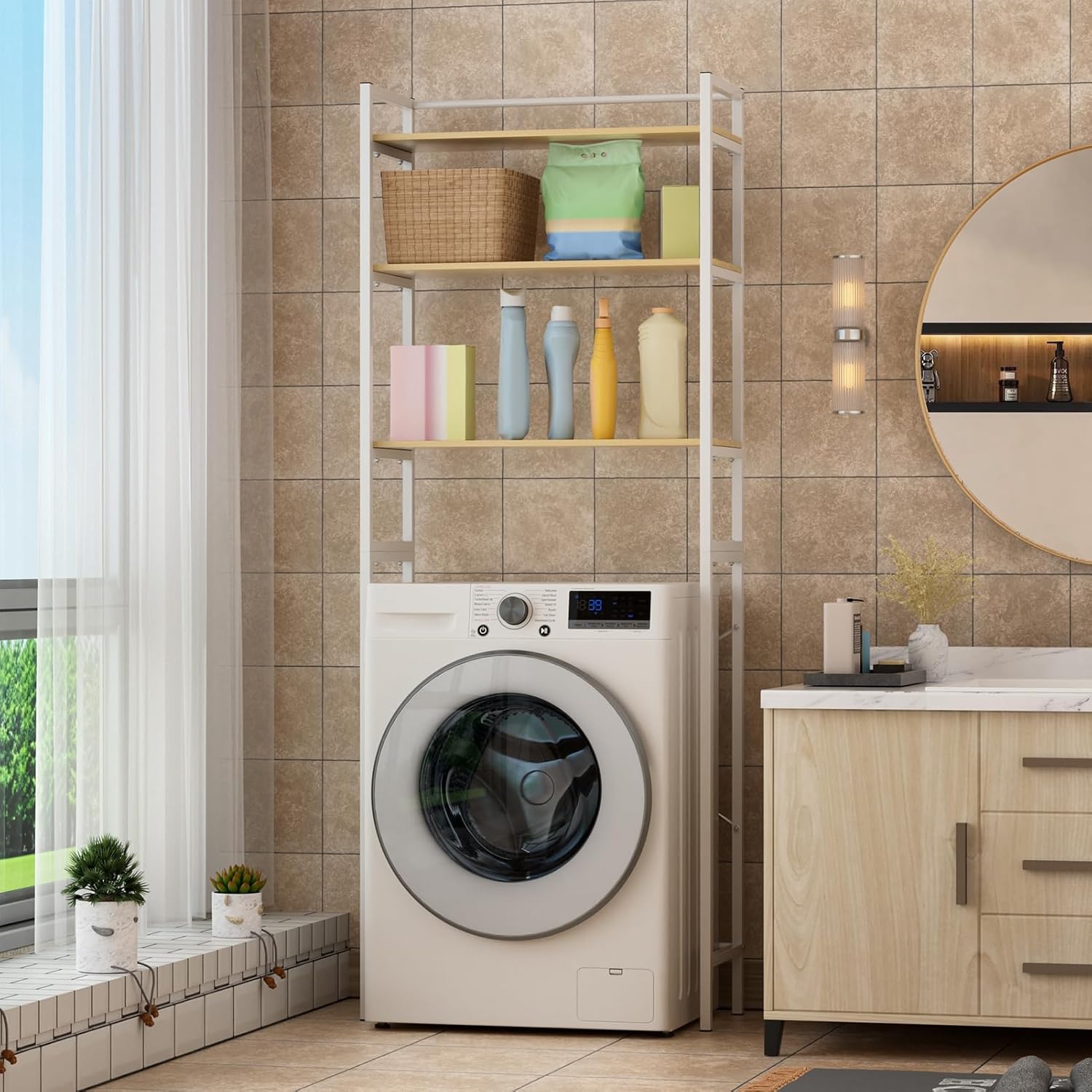 Medium Over Washer and Dryer Shelves,3 Tiers Laundry Room Storage and Organizer Standing Shelf,Metal Freestanding Clothes Drying Rack,Space Saving Organizers Shelf White