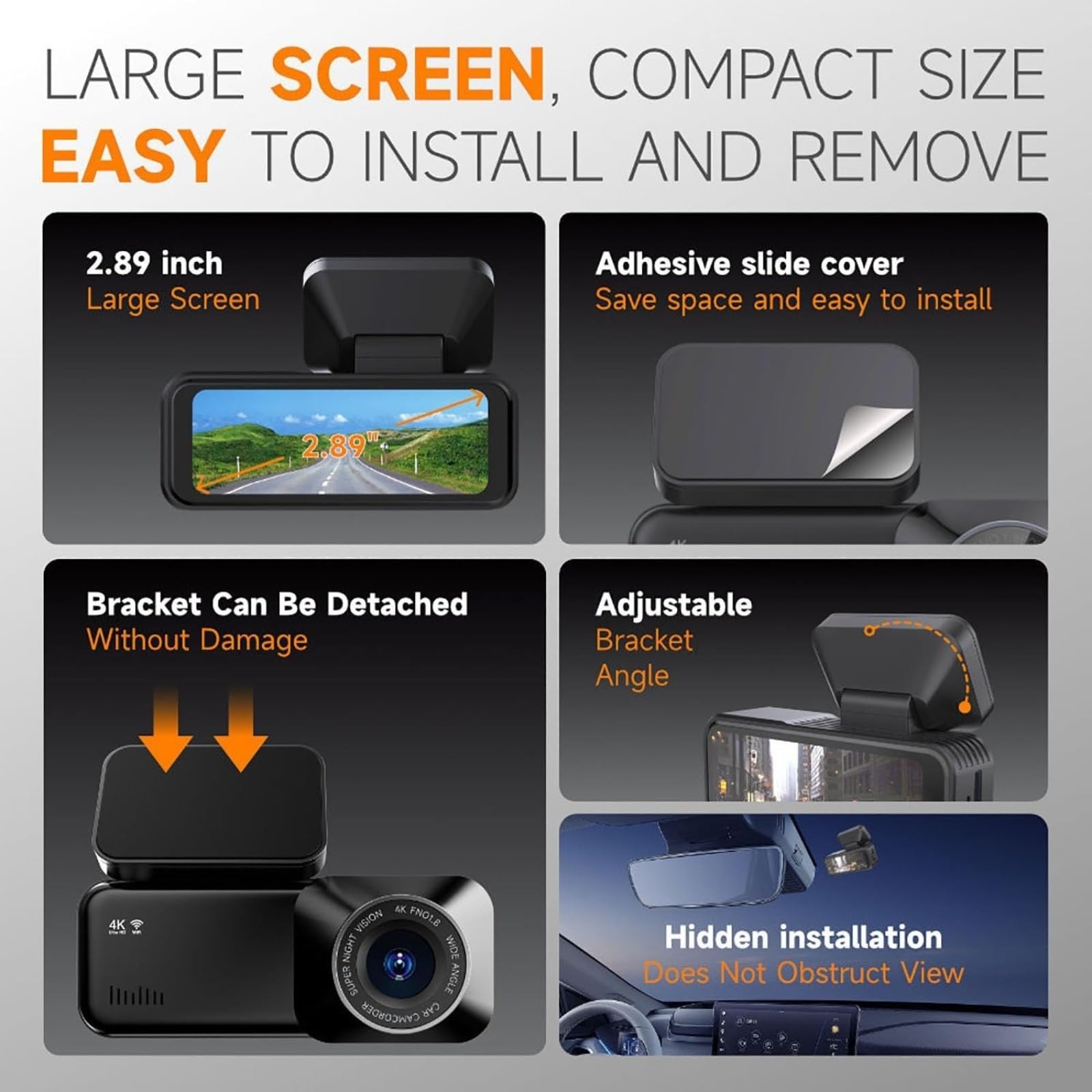 Auto Dash Cam, 4K HDR Aufnahme, WiFi App Steuerung, 170° Weitwinkel, 1440P vorne & 1080P hinten, Temperaturbeständig, für Autos