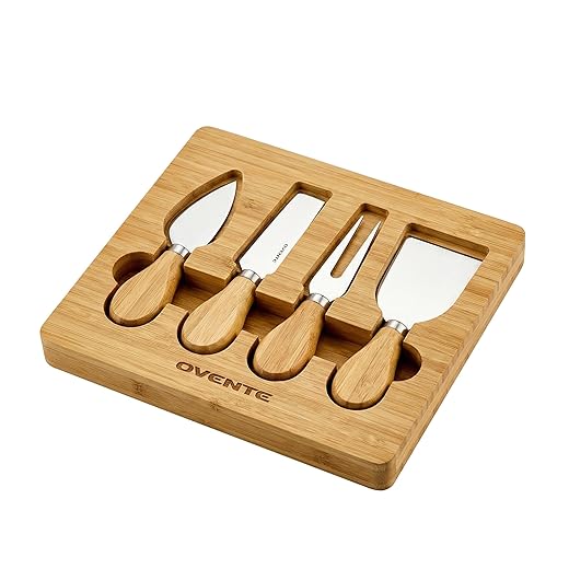 OVENTE 4 Piece Cheese Knife Set with Bamboo Handle & Wooden Case, Complete Stainless Steel Charcuterie Knives, Ideal Cheese Slicer, Spread & Butter Cutter for Party and Holiday Gift, Brown KCS5974B
