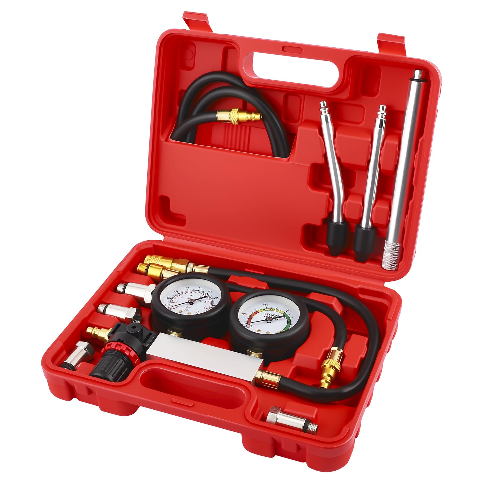 TU-21 Kit de Prueba de Fugas en Cilindros para Motor de Gasolina Probador de Compresión Automotriz con Dos Manómetros Juego de Detector de Fugas para Prueba de Presión y Tasa, 0-100PSI | 0-7Bar