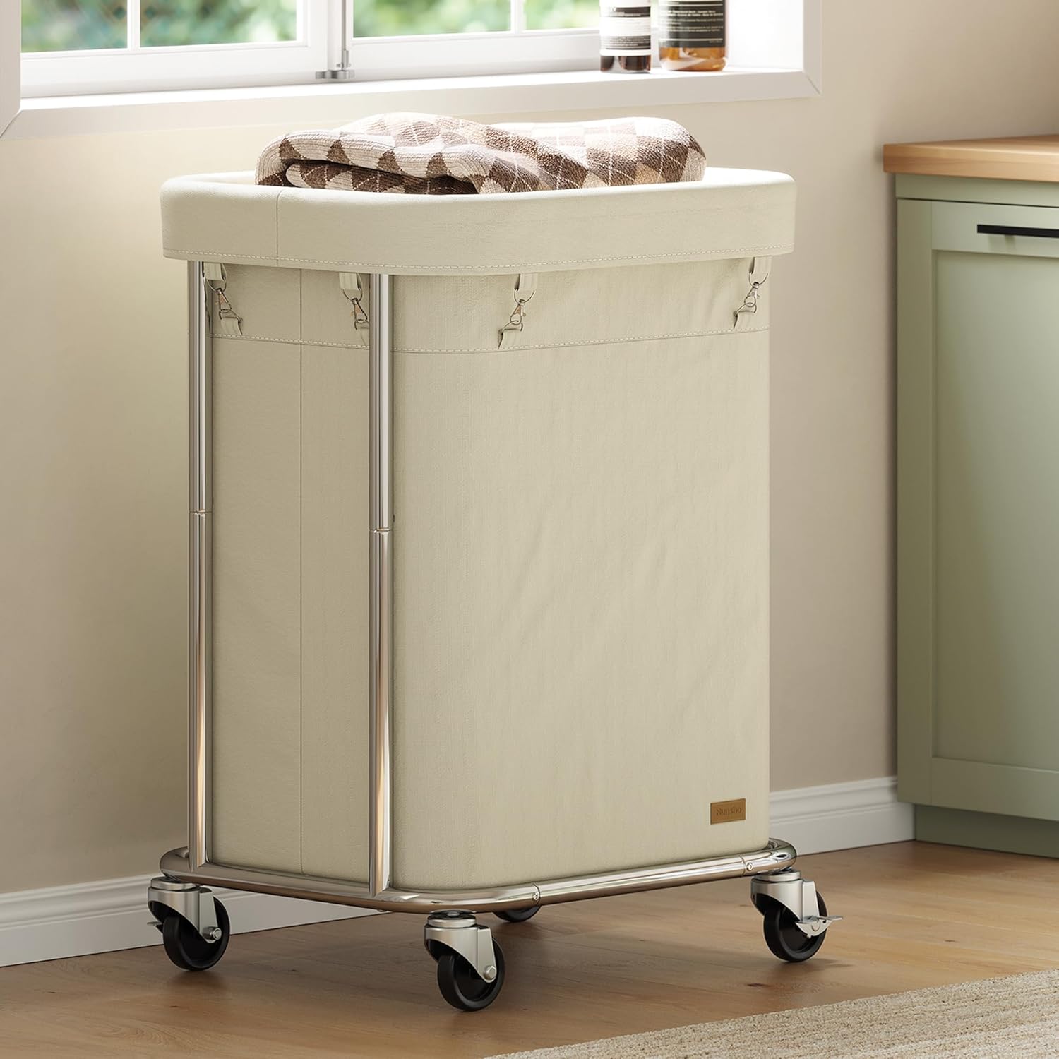 Laundry Basket with Wheels 150L/40Gal, Rolling Laundry Hamper with Steel Fram and Removable Washing Bag,Laundry Sorter Cart for Laundry Room,Hotel,Dorm,Cream and Silver