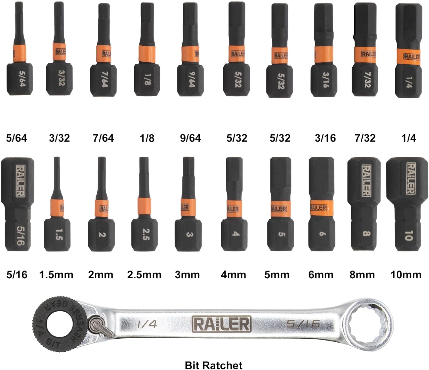 Railer 1 Inch Impact Driver 20pc Hex Bit Set With Bit Ratchet. Premium S2 Steel Bit Set with Storage Bit Holder & Carabiner, Ideal For Furniture Screws