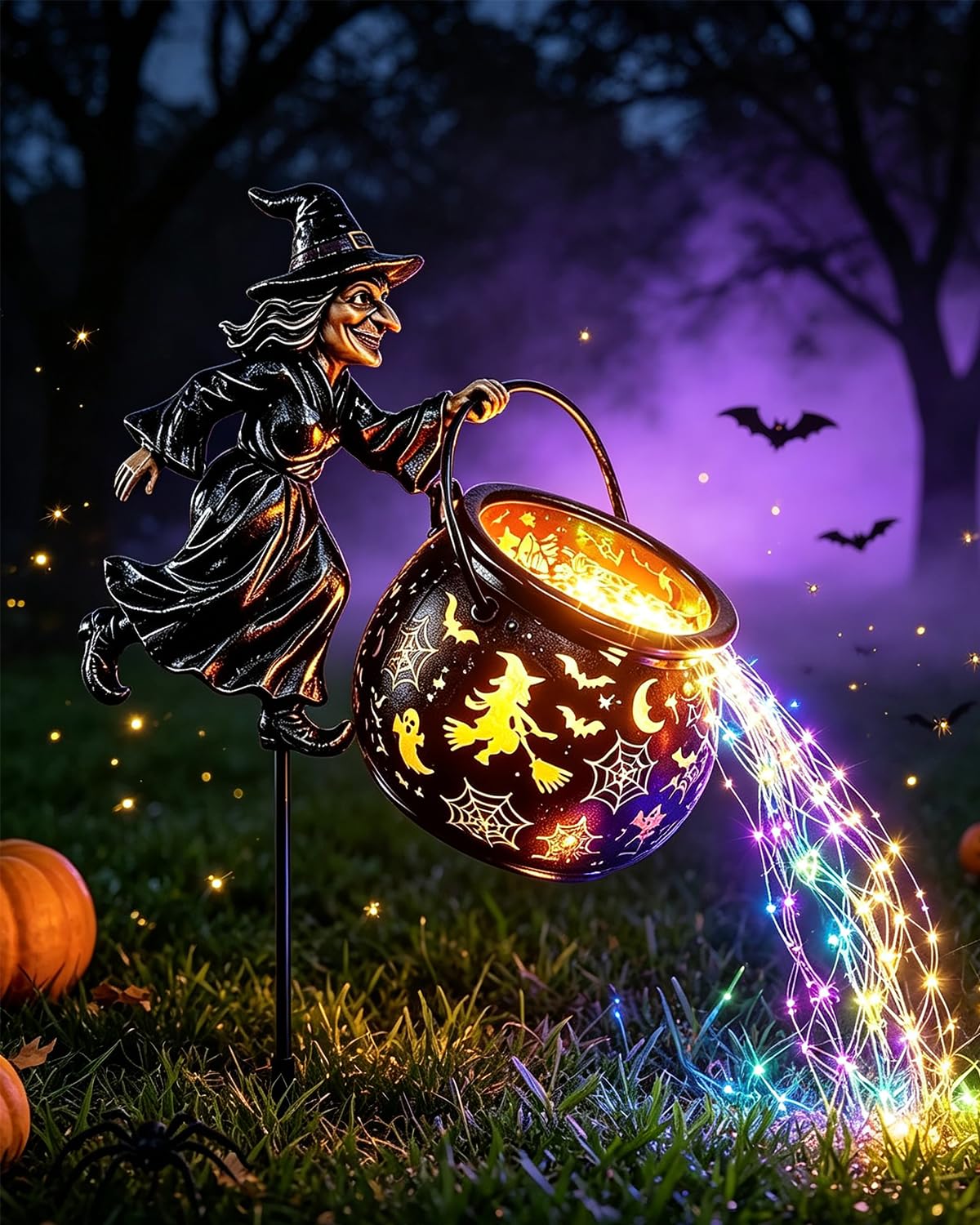 Explcior Halloween Witch Cauldron Garden Light with LED Projector and Stake