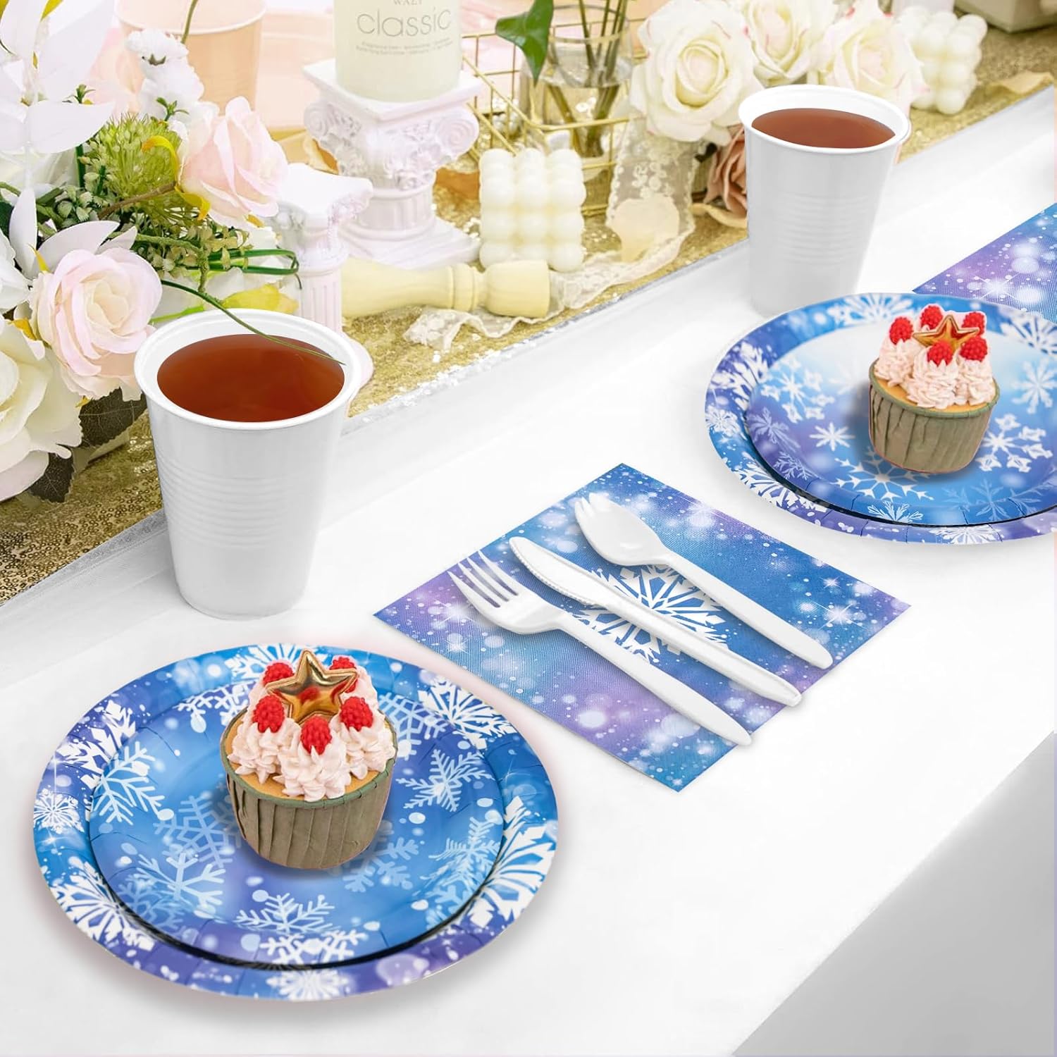 180PCS Winter Snowflake Party Supplies – Blue and Purple Snowflake Paper Plates and Napkins Set, Winter Wonderland Disposable Tableware for Frozen Christmas Holiday Birthday Party Supplies Decorations - Image 9