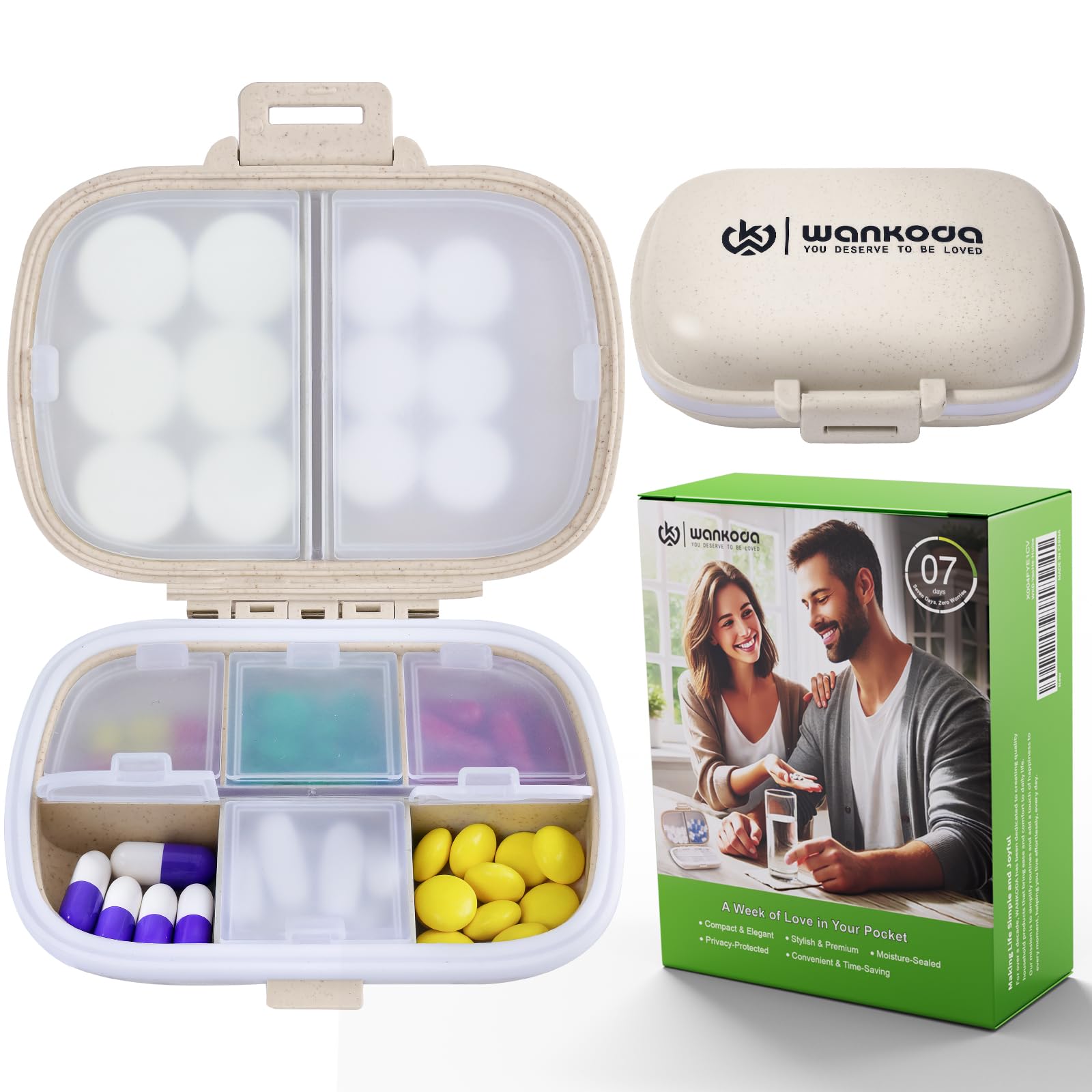 Travel Pill Organizer - Weekly Medicine Box with Labels, Small Cute Portable Pill Case for Daily Vitamins & Medications, Leak-Proof Compact Container