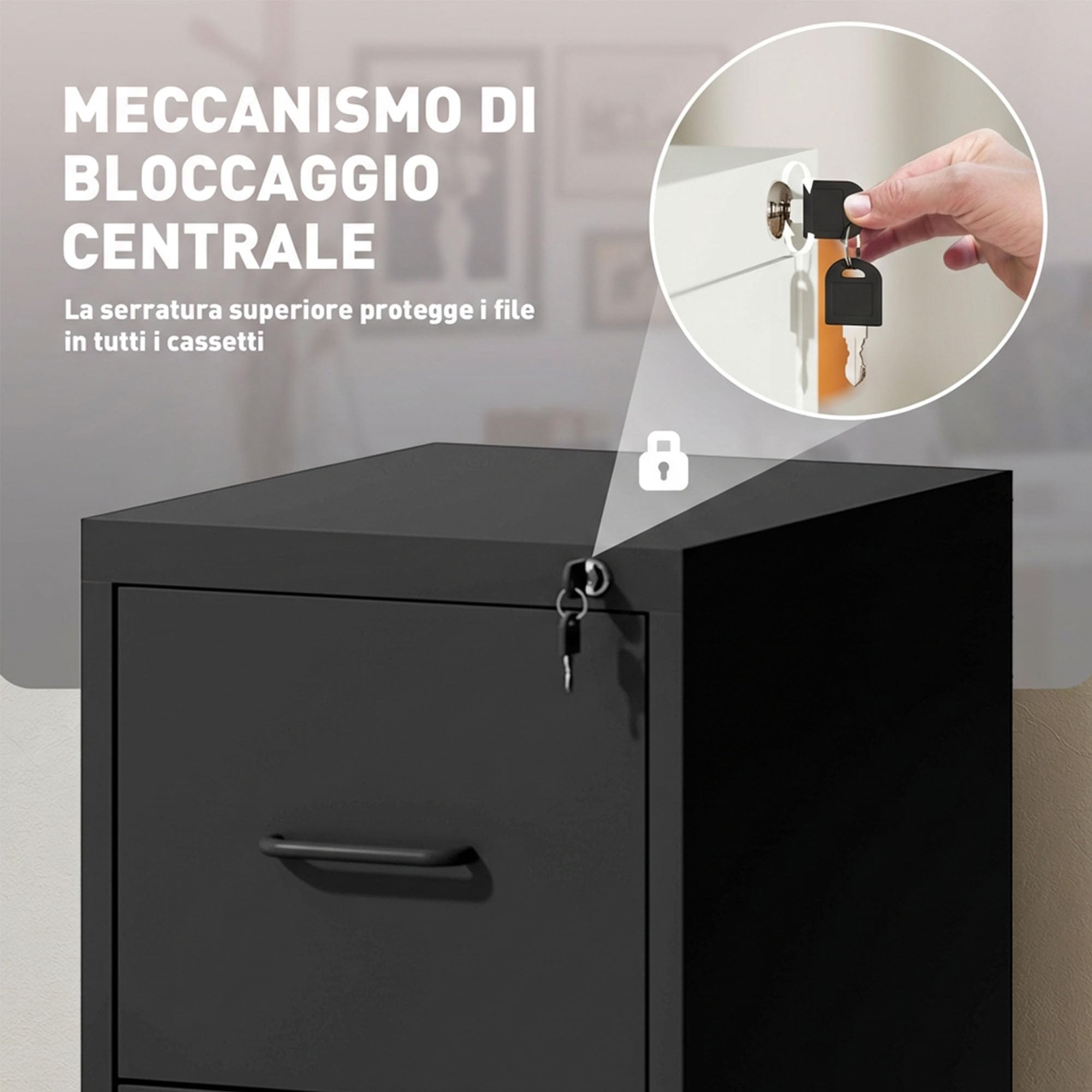 HOMCOM Schedario da Ufficio a 3 Cassetti con Barra Regolabile, Cassettiera in Acciaio per Documenti, Perfetto per Ufficio, Casa e Studio, 36.5x46.2x99 cm, Nero