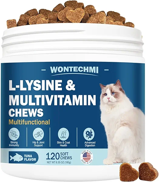 WONTECHMI L-Lysine Supplement for Cats, Cat Vitamins for Sneezing, Runny Nose, Cold, Immune Support, Eye Function and Respiratory Health, Natural Lysine Cat Treats (120 Chews, Tuna)