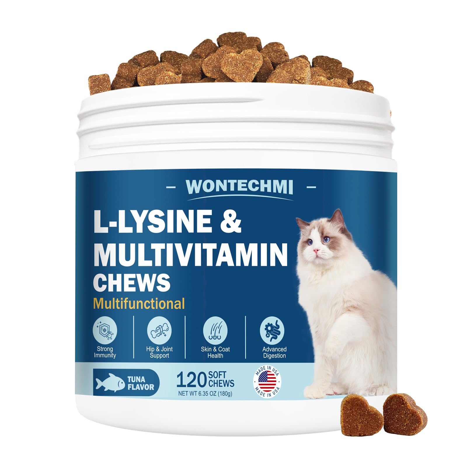 WONTECHMI L-Lysine Supplement for Cats, Cat Vitamins for Sneezing, Runny Nose, Cold, Immune Support, Eye Function and Respiratory Health, Natural