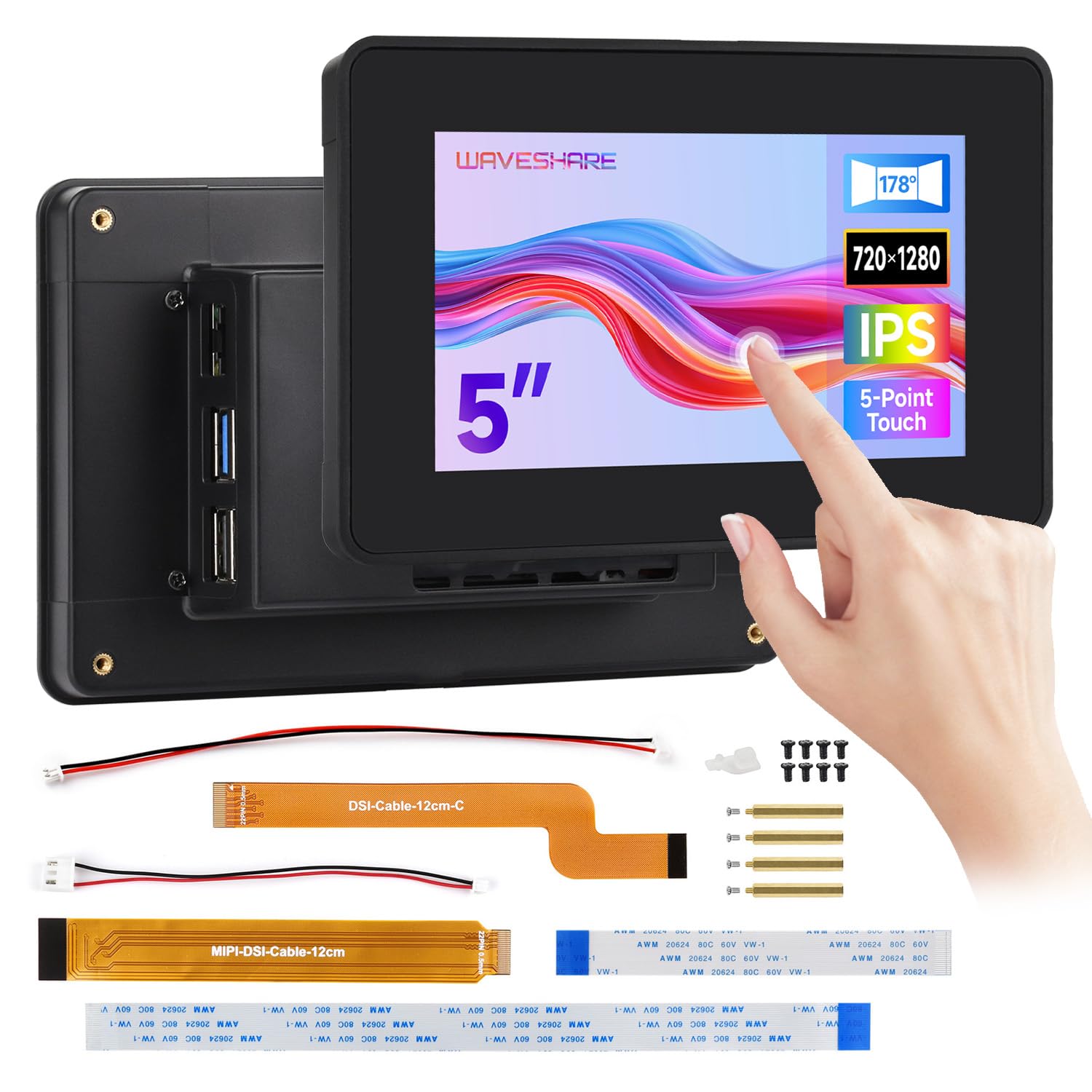 Waveshare 5inch DSI Capacitive Touch Display, 720×1280 Pixels, IPS Panel, 5-Point Touch, Optical Bonding Toughened Glass Panel, with Protective Case
