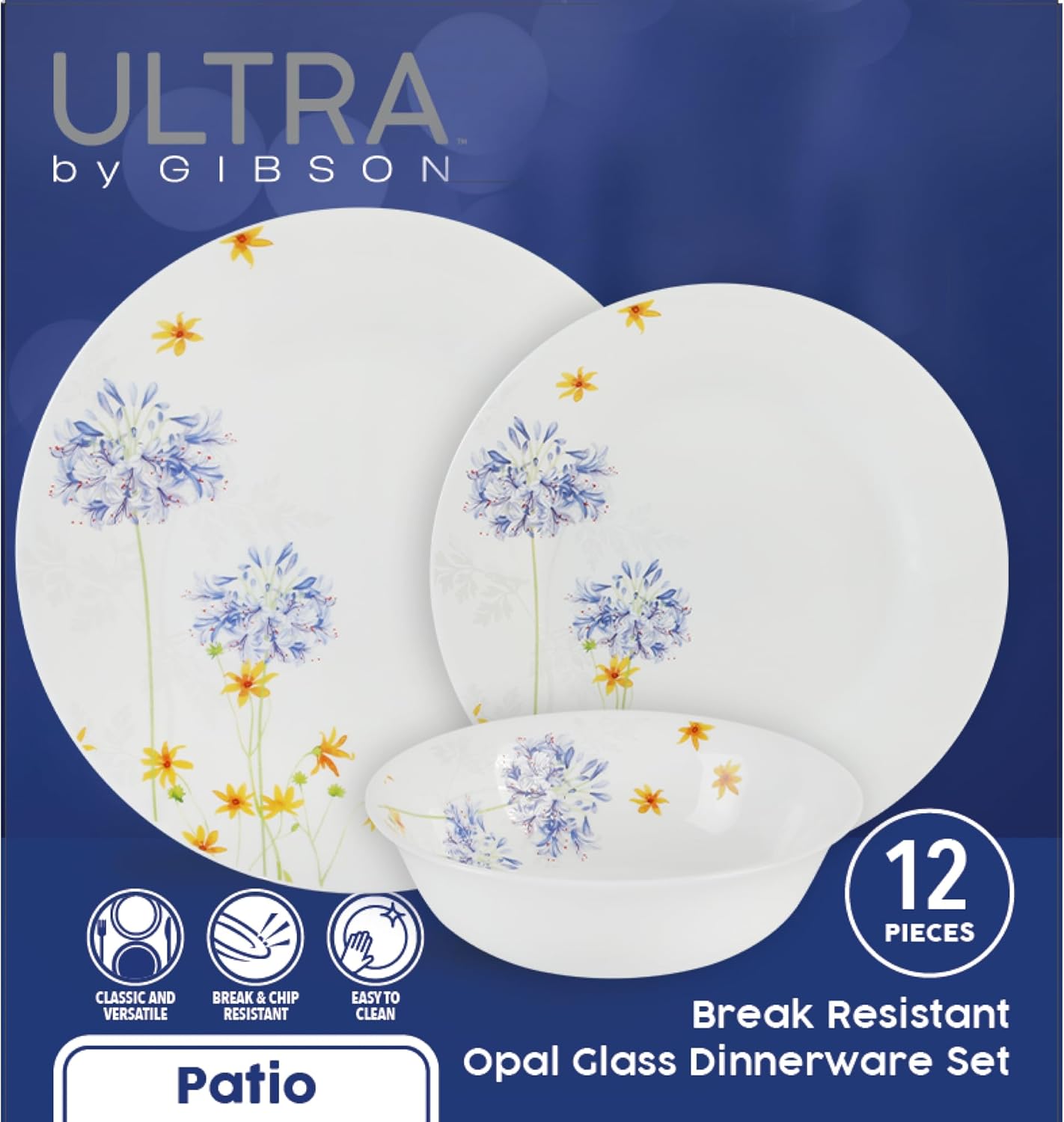Ultra by Gibson Violet Floral 12 Piece Dinnerware Set, Decorated, Opal Tempered Glass