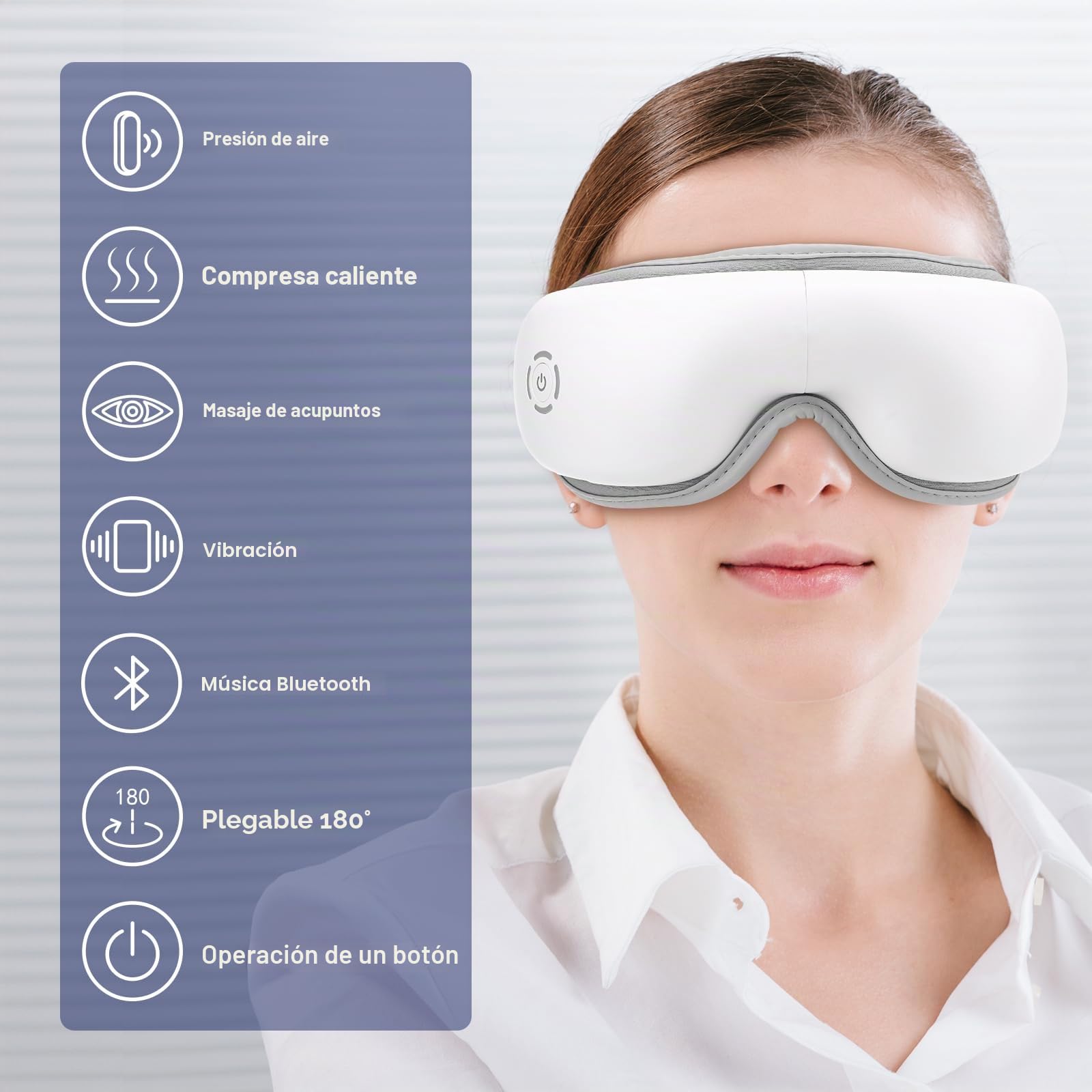 Mafiti Masajeador de ojos con calor, compresión de aire mejorada con música Bluetooth recargable terapia ocular masajeador para aliviar la tensión ocular, ojeras, ojos secos, mejorar el sueño (Blanco)