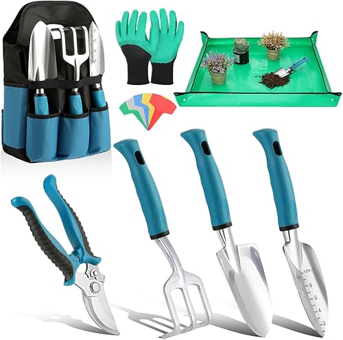 Housolution - Juego de herramientas de jardinería, 8 piezas, herramientas de jardín resistentes con empuñadura de goma antideslizante con bolsa