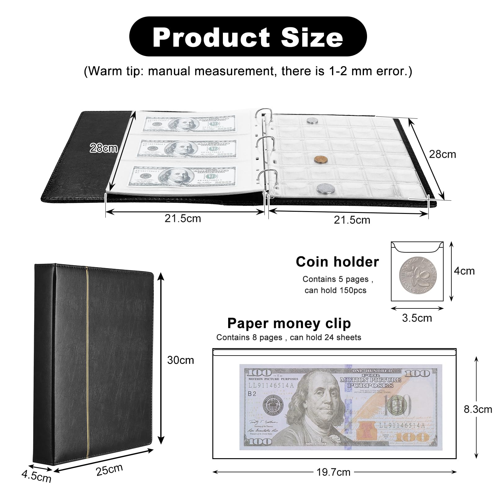 Álbum para Colección de Billetes y Monedas de Cuero, Contiene 150 Bolsillos para Monedas y 24 Bolsillos para Billetes, álbum para coleccionar monedas grandes, billetes y sello de dinero(negro)