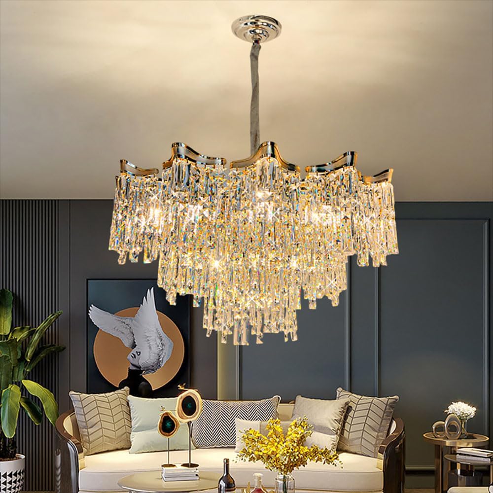 Modern Crystal Chandelier, 32 inch Ceiling Lights Flush Mount Gold Pendant Light Fixture for Bedroom Living Room Dining Indoor Lighting,Hanging Lamp Close to Ceiling Light,Included Bulb