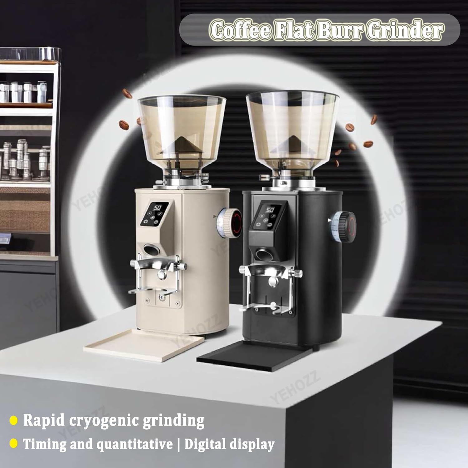 Commercial Coffee Flat Burr Grinder,Professional Espresso Coffee Bean Grinding Machine,9 Precise Settings,Dual Dosing Modes,for Home Use, Stainless Steel Beige