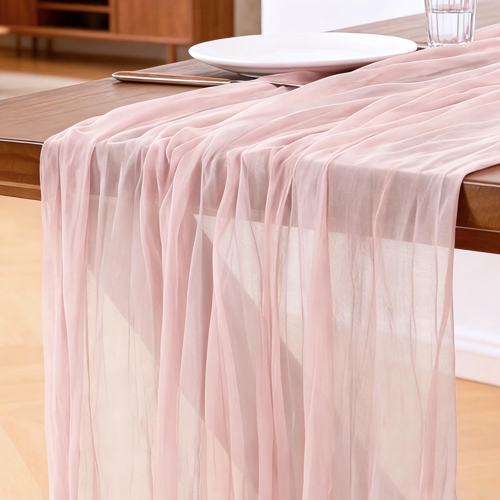 Cheesecloth Table Runner Light Blush Pink, 300 x 90 CM Bohemian-style Gauze Rustic Gauze Fabric Tablecloth for Wedding, Parties, Christmas and New Year's Eve Table Decoration — image 1