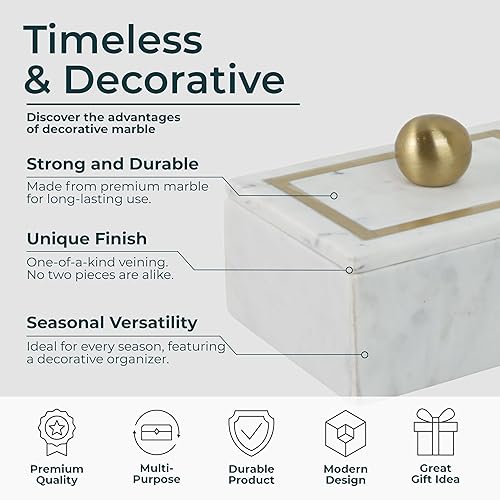Miniatura 5 de Sagebrook Home Cajas rectangulares con perilla de mármol, contenedor de almacenamiento multiusos decorativo, caja organizadora para artículos
