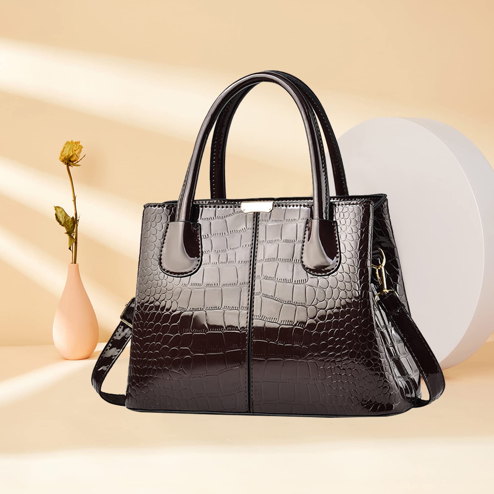 NICOLE & DORIS Borse a Mano e a Spalla Borsa Elegante Donna Lavoro Borsetta Donna Borsa in Vernice Pochette Donna Borsa a Tracolla di Grande Capacità Marrone