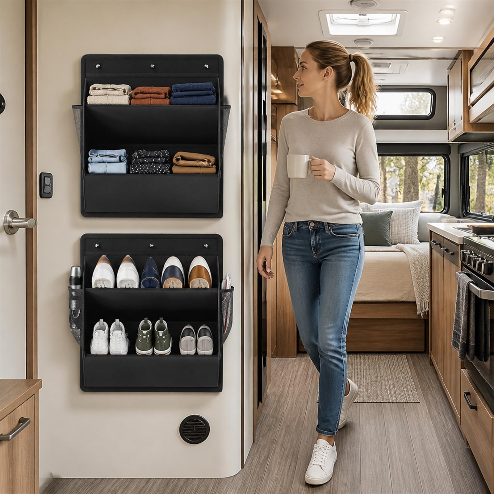 Portascarpe per camper, confezione da 2, organizer per scarpe con strisce adesive | Scarpiera salvaspazio per camper con tasche profonde. Scarpiera stabile, pratico organizer per camper