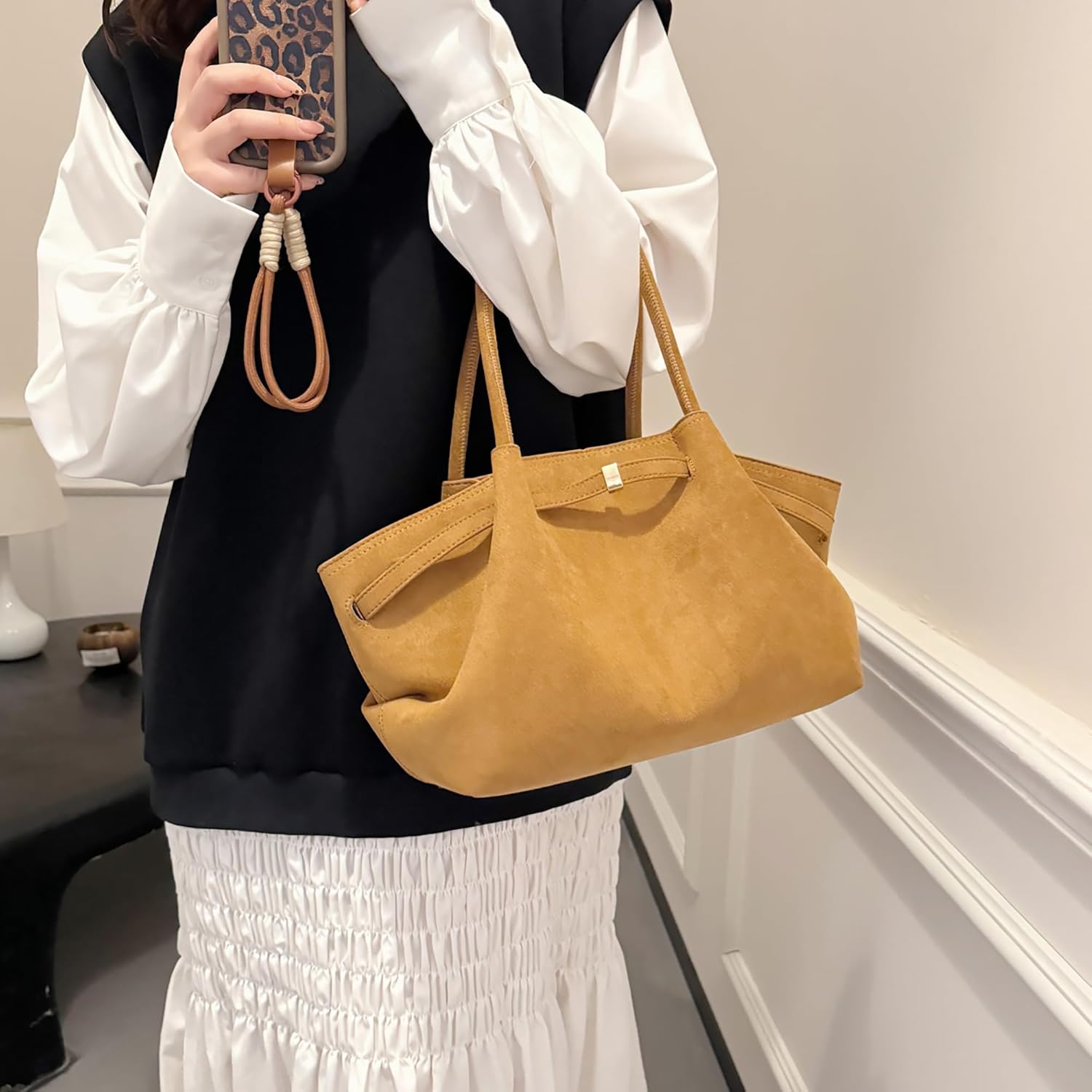 Makukke Faux Suede Tote Bag for Women, Hobo Handbag Women Vintage Shoulder Bag Purse for Work Office Travel - Image 7