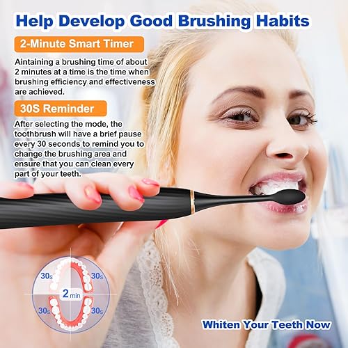 Miniatura 5 de FXQQZZ Cepillo de dientes eléctrico para adultos y niños, con raspador de lengua y estuche de viaje, 8 cabezales de cepillo, temporizador